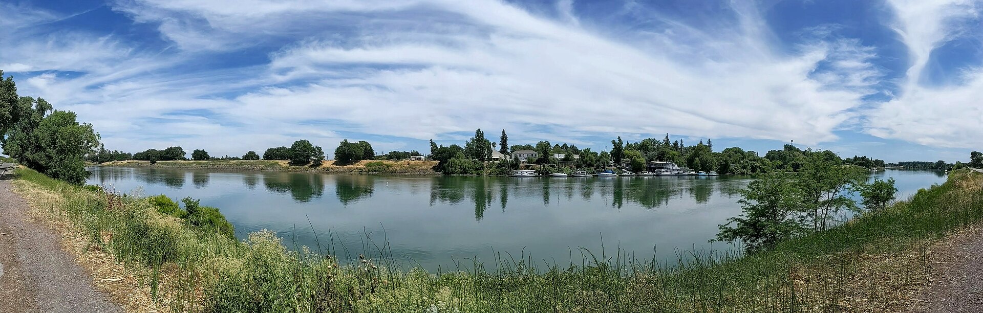 A panoramic view of Courtland, California, seen from across the Sacramento River, with trees and low buildings along the bank.