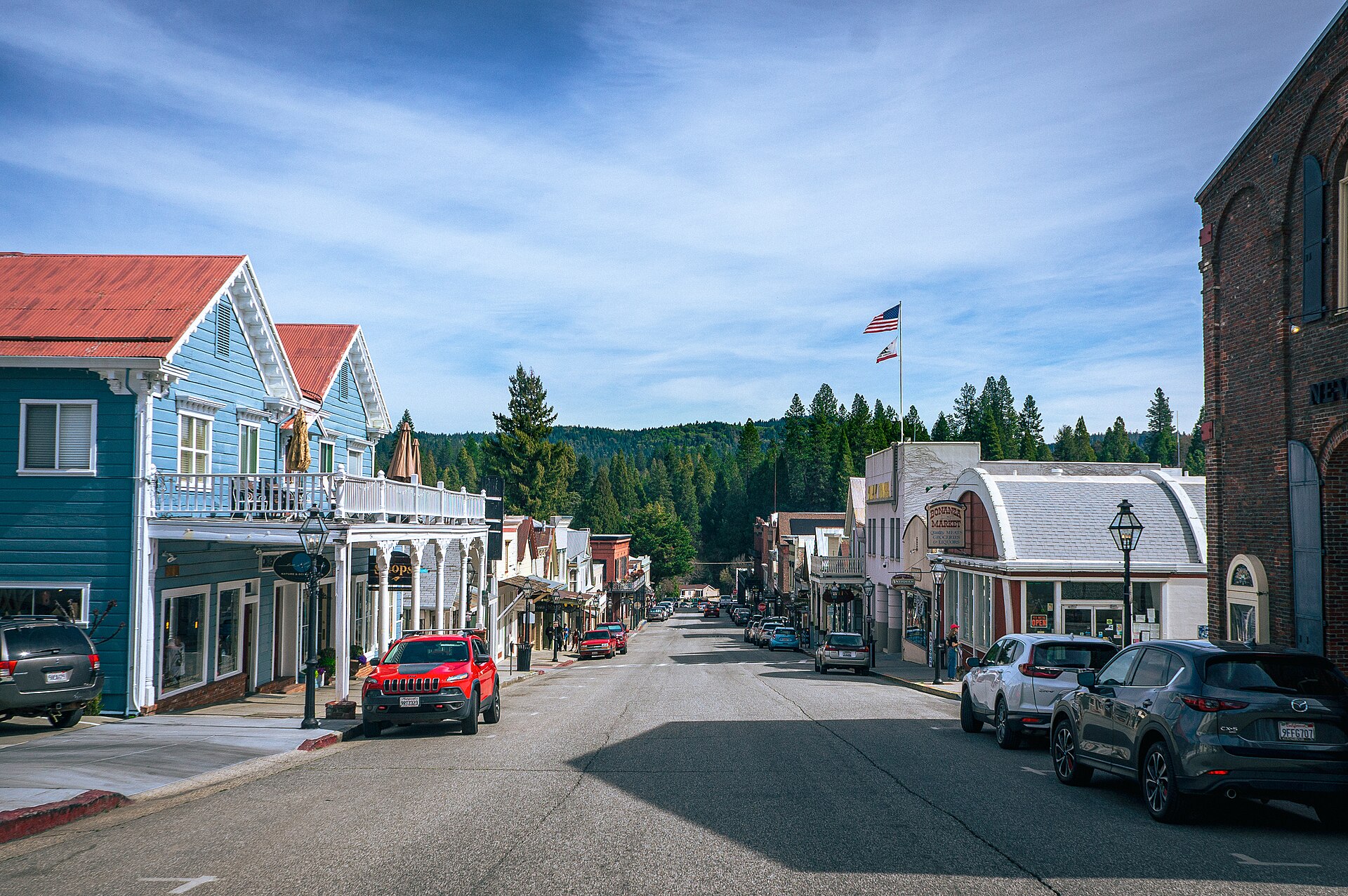 Historic buildings along Broad Street in downtown Nevada City, California