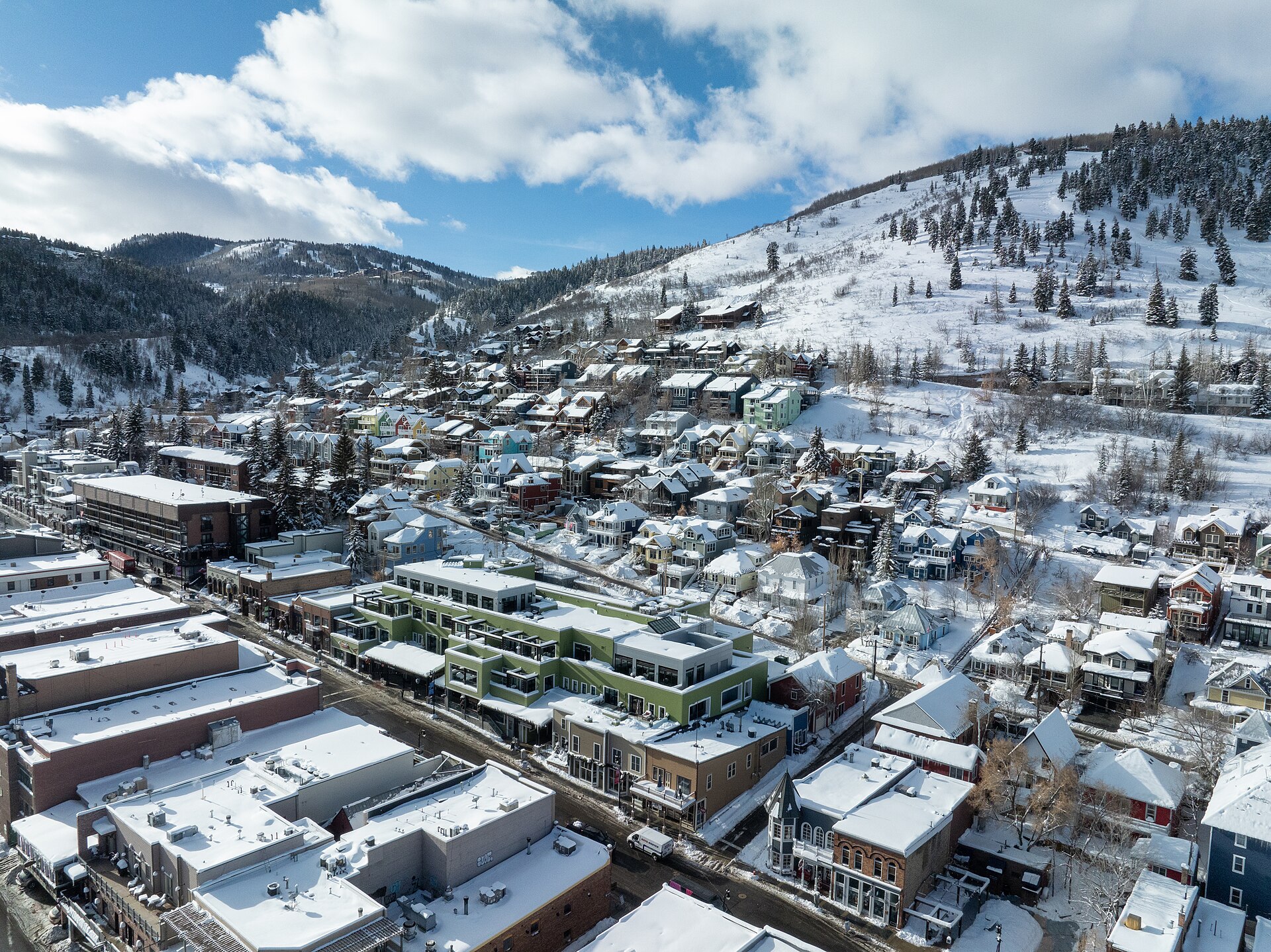 Snow-covered town and slopes in the Park City area near East Basin