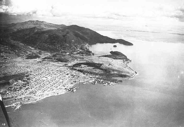 Black-and-white aerial photo of Bellingham and Bellingham Bay from 1912.