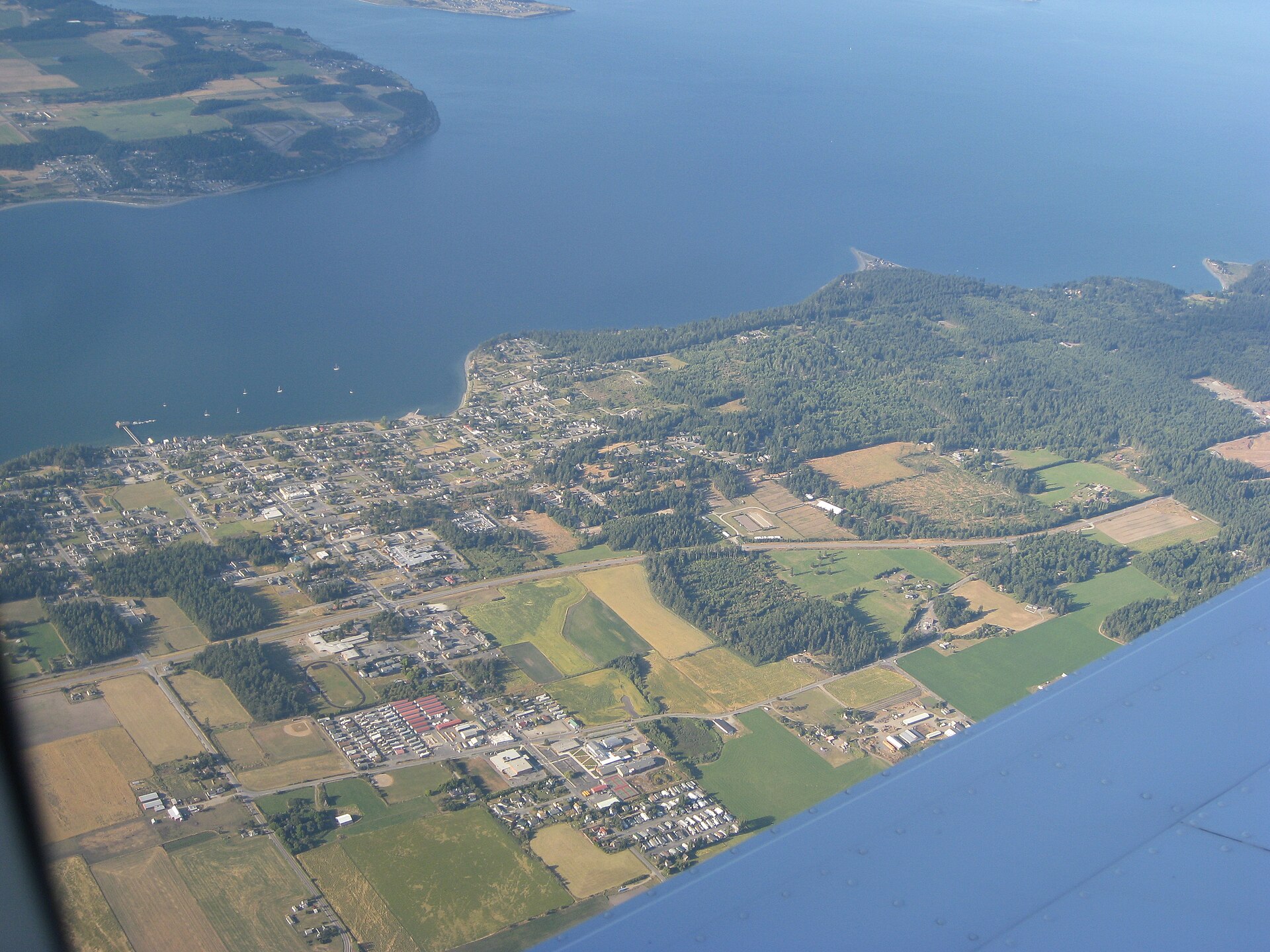 Aerial view of Coupeville and Penn Cove on Whidbey Island