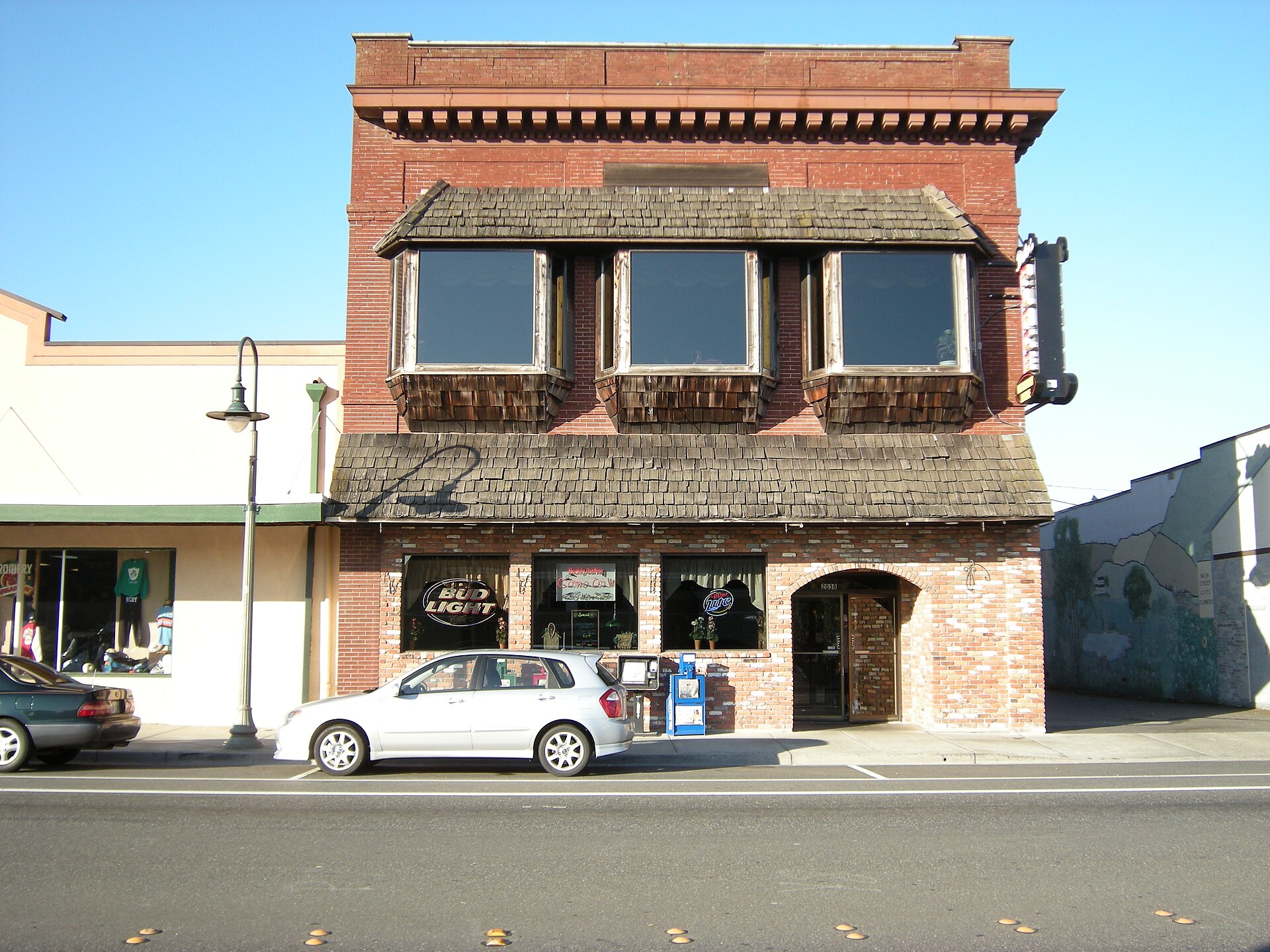 Historic brick storefronts on Main Street in downtown Ferndale, Washington