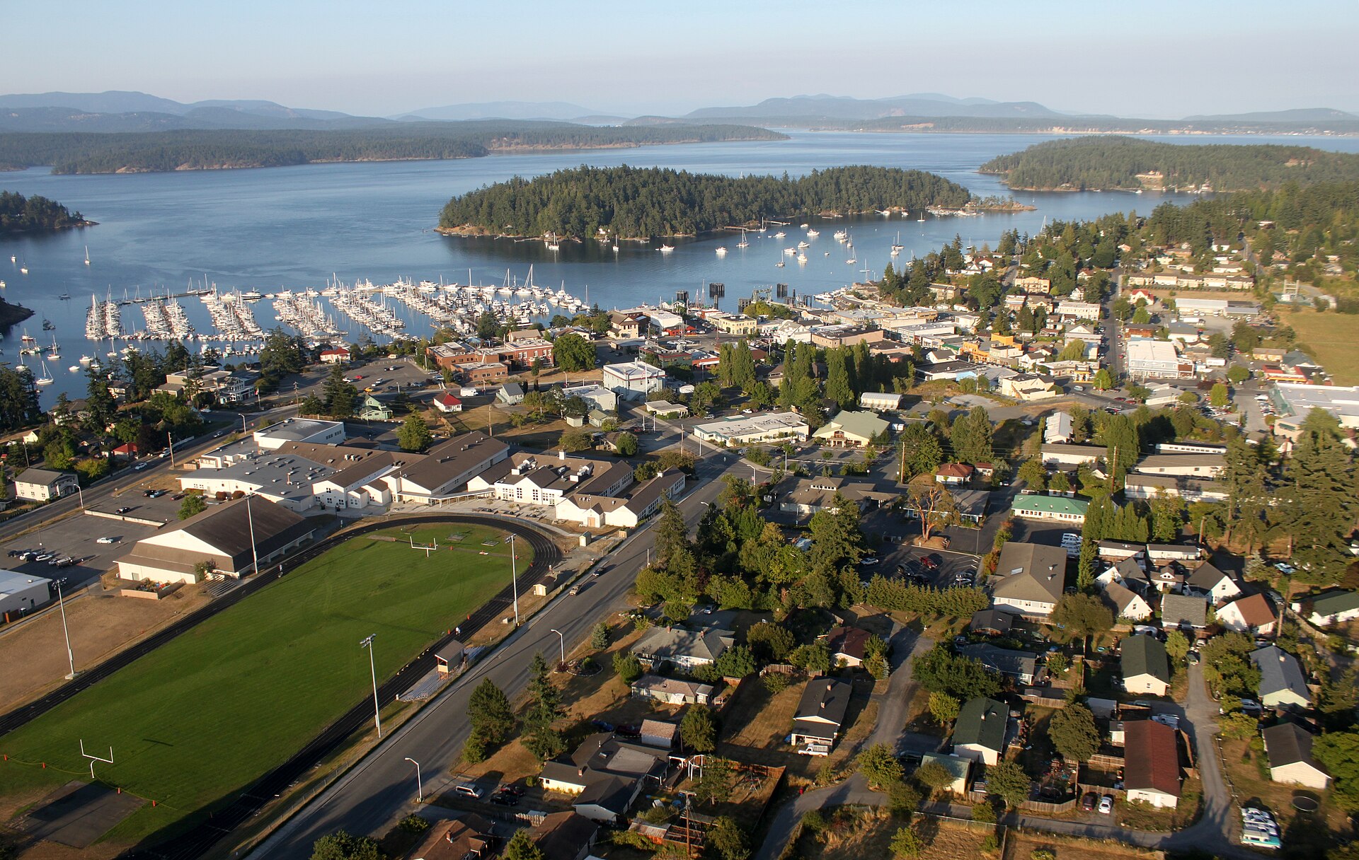 Aerial view of Friday Harbor, Washington, with the marina and town