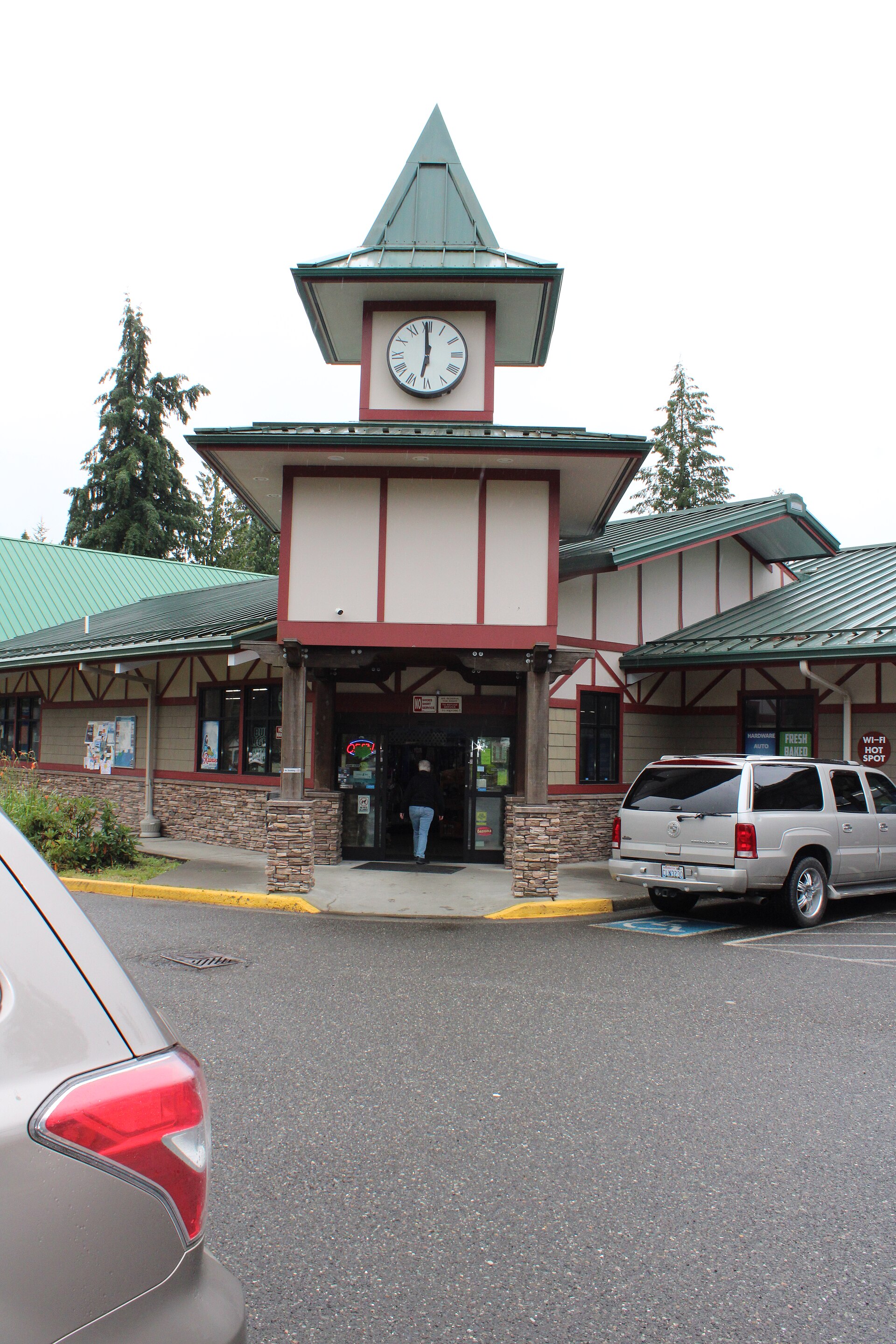 The Maple Fuels store with its clock tower in Maple Falls, Washington