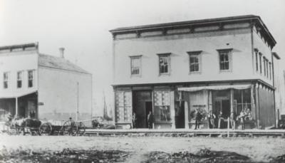 A historic photograph of the original stores on Nooksack's Main Street, Washington.