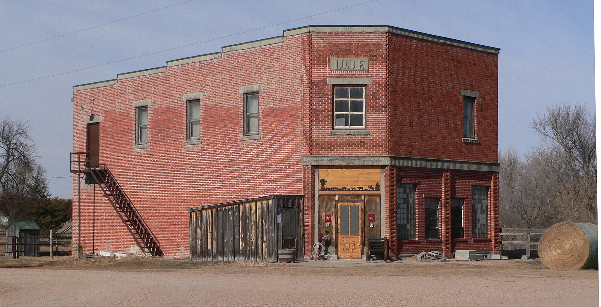 The red-brick IOOF hall on the main street of Gandy, Nebraska