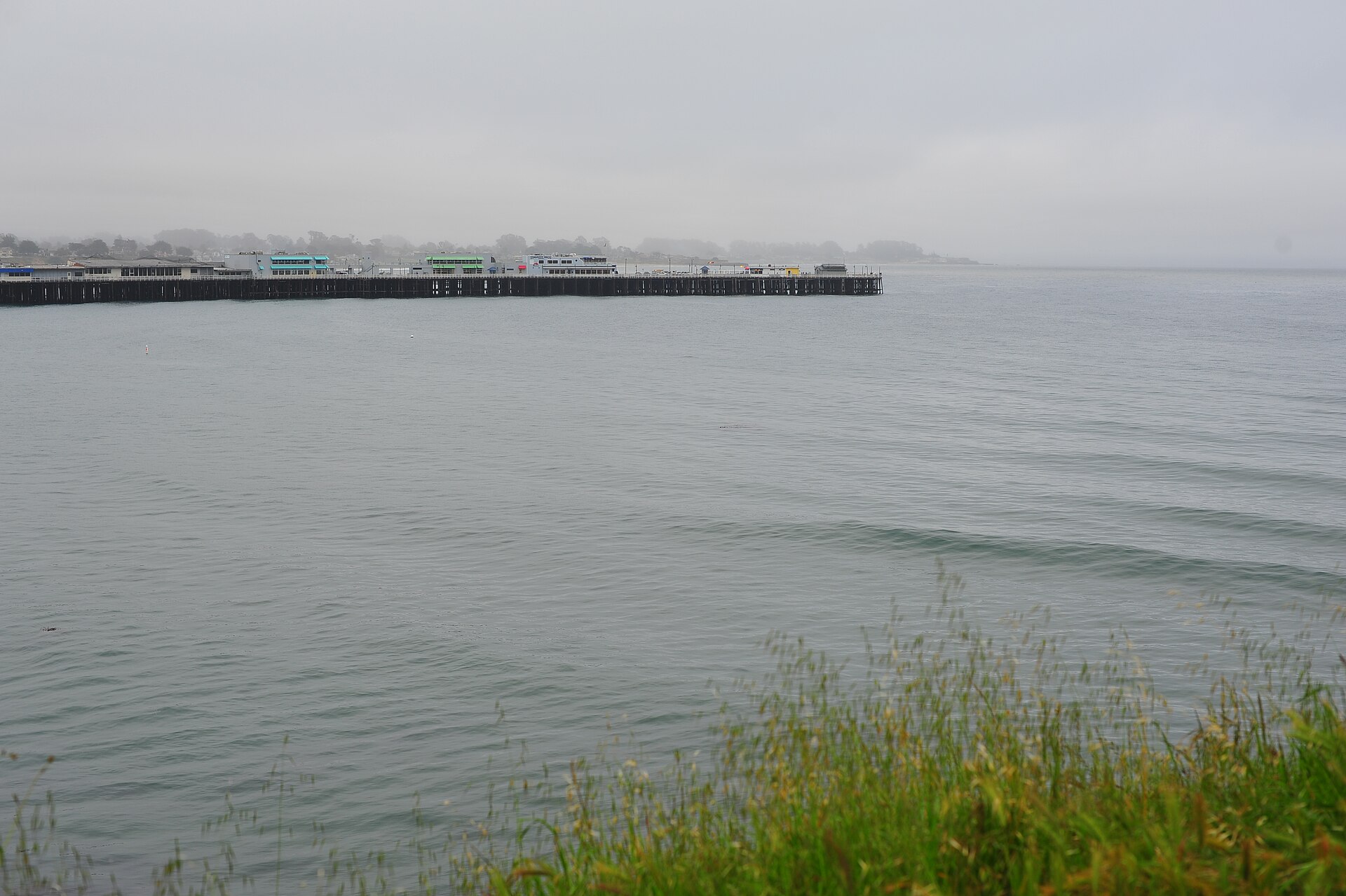 The Santa Cruz Wharf extending into Monterey Bay on a foggy day.