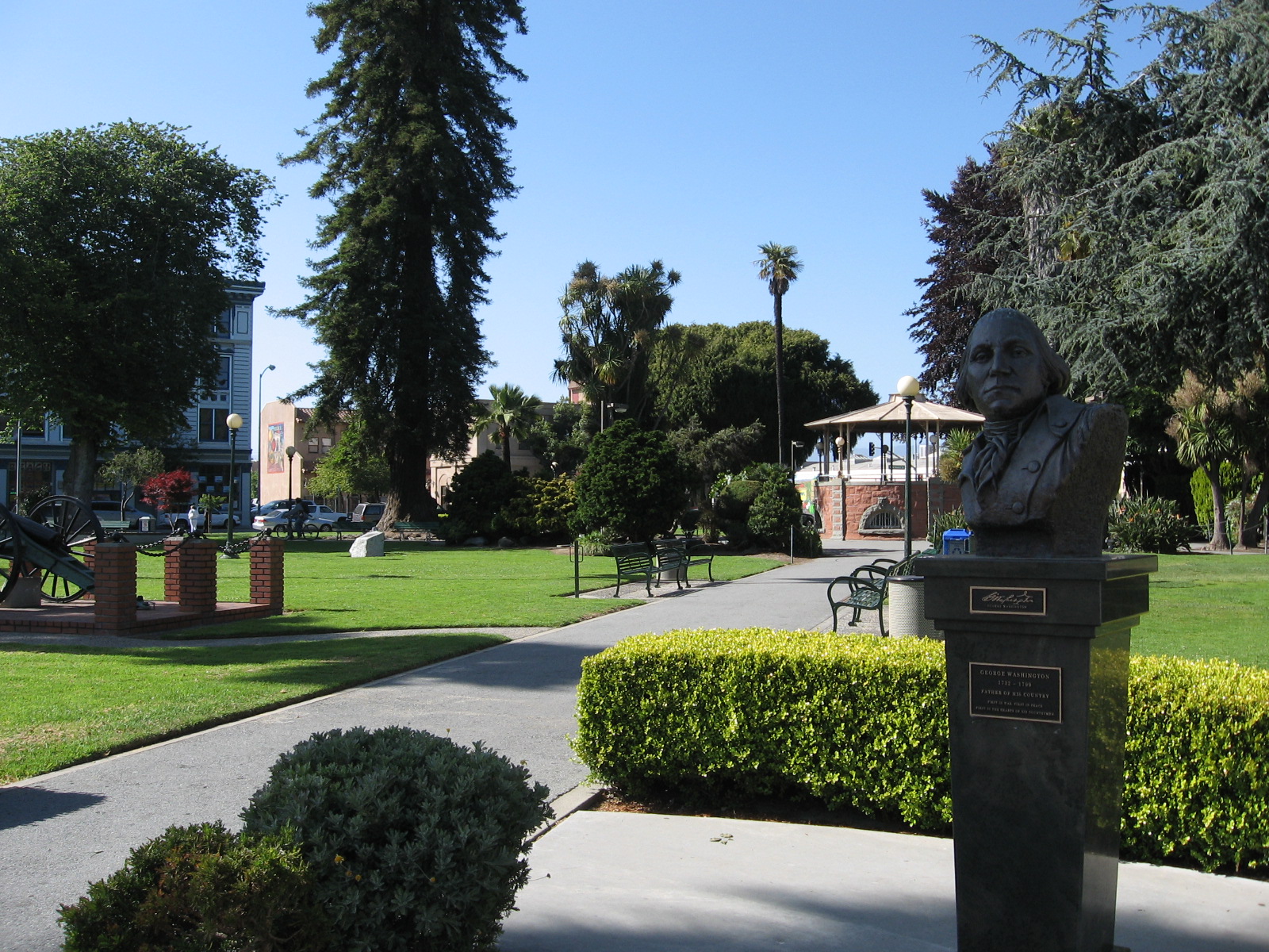 A park with a bust statue at Watsonville Plaza in Watsonville California.