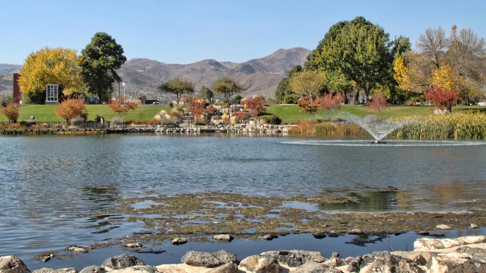 Ashley Pond with a fountain, surrounded by trees in Los Alamos