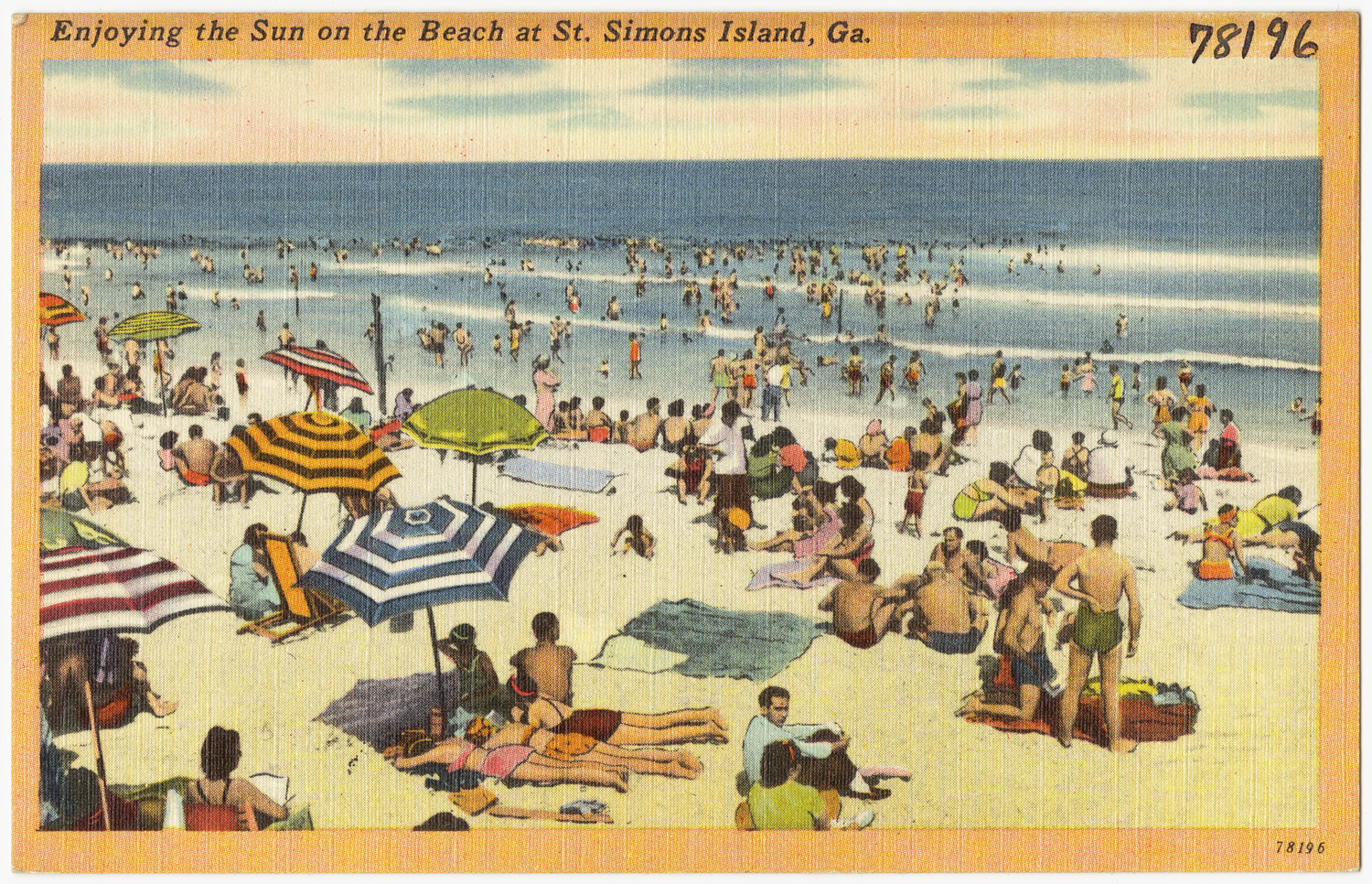 A vintage 1930s postcard showing crowds enjoying the beach at St. Simons Island, Georgia.