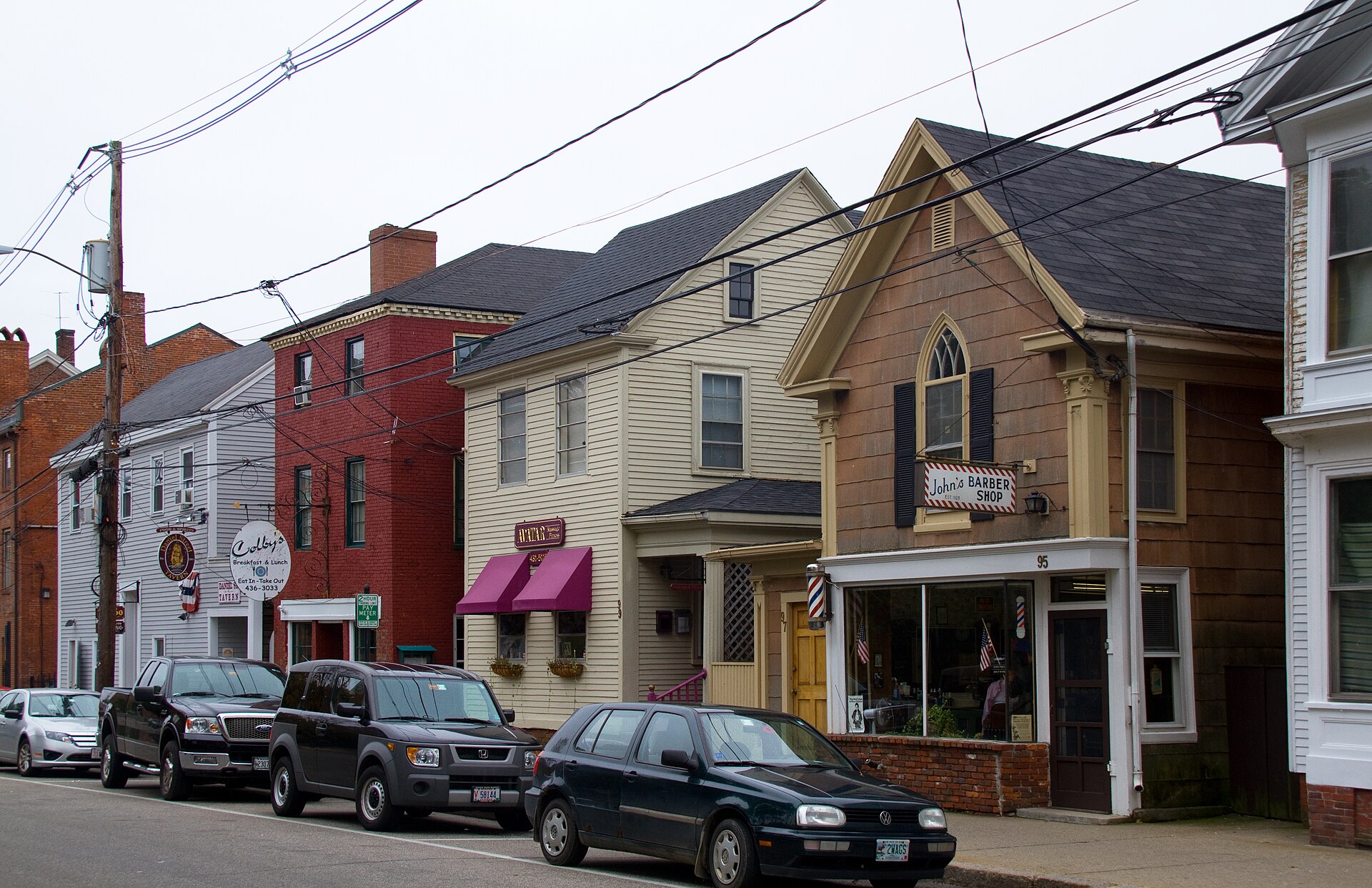Historic storefronts on Daniel Street in Portsmouth, New Hampshire