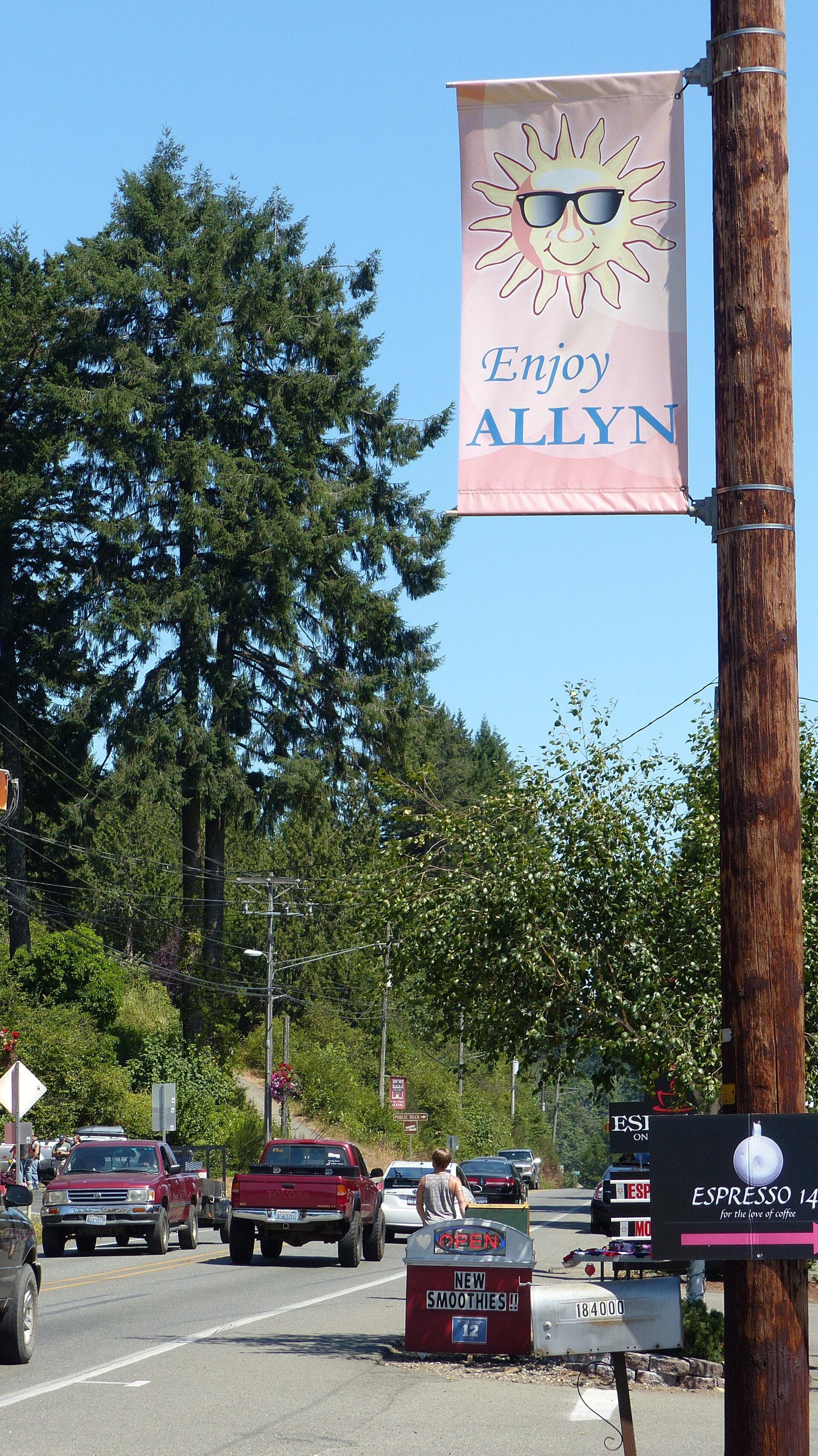 "Enjoy Allyn" banner on the main street in Allyn, Washington