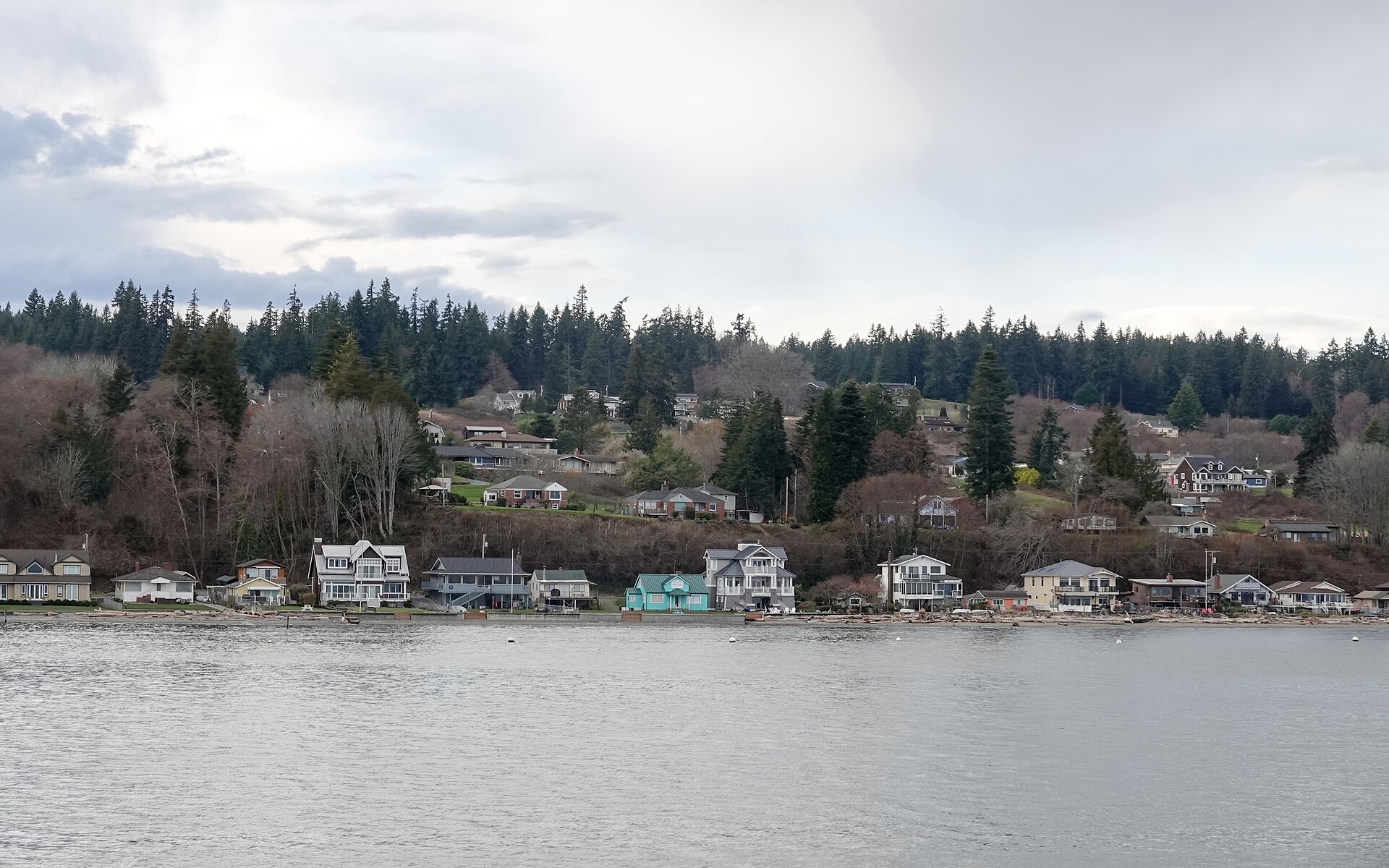 The Clinton shoreline on Whidbey Island, Washington, viewed from the Everett ferry.