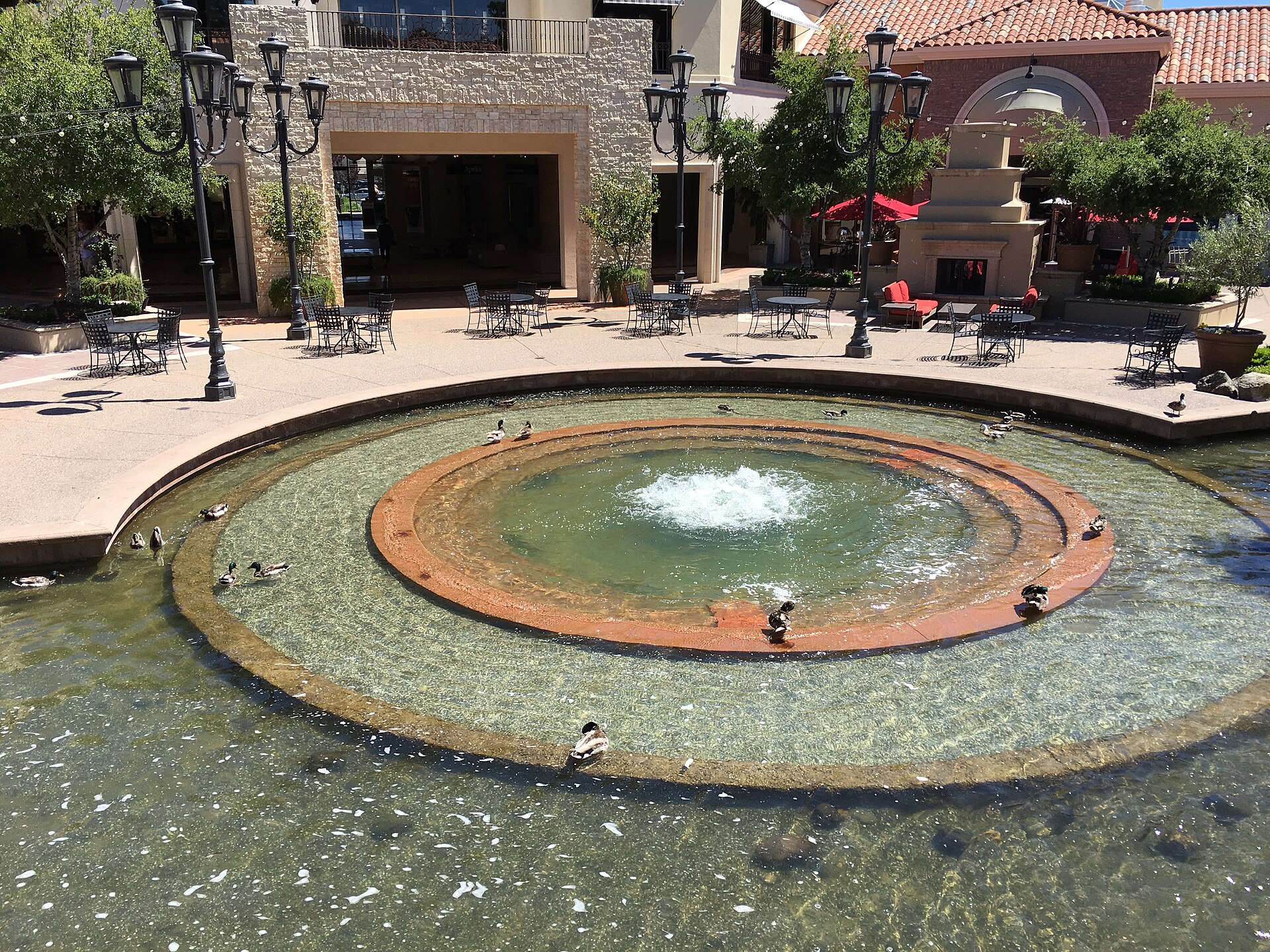 Ducks in a circular fountain at the Blackhawk Plaza shopping center.