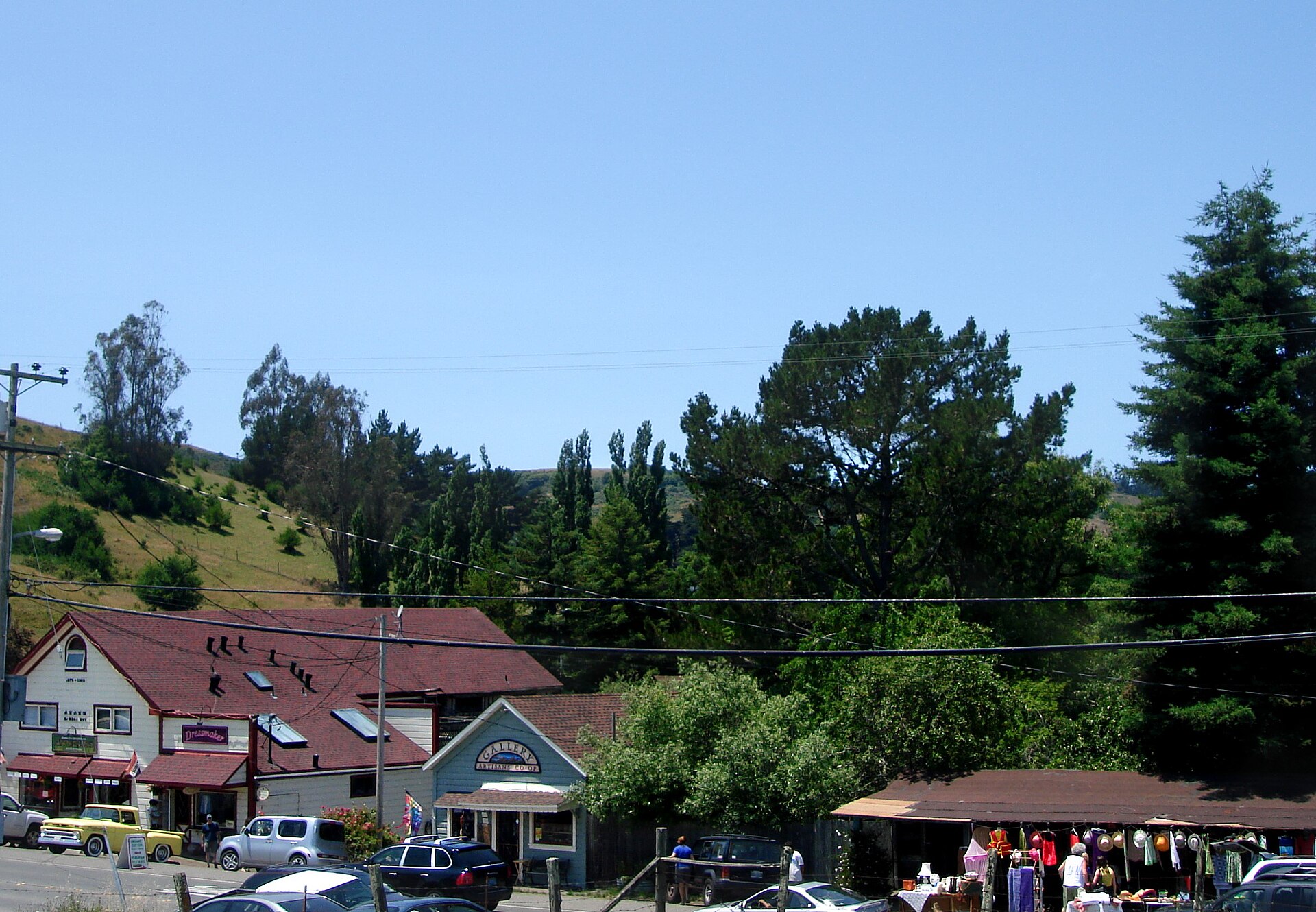 Storefronts and parked cars along the main road in Bodega, California.