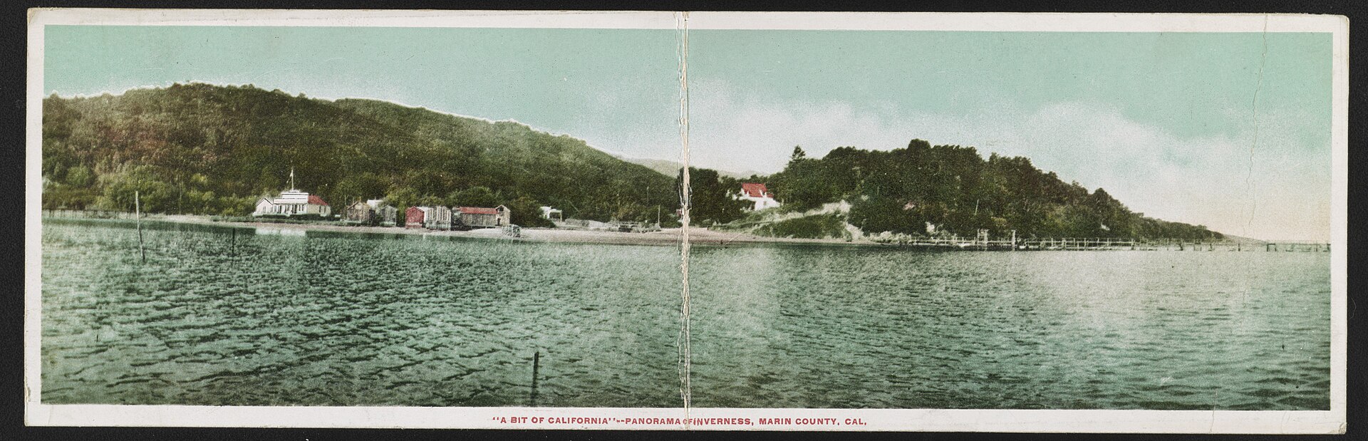 A vintage panoramic postcard of Inverness showing the town's shoreline along Tomales Bay with hills behind.