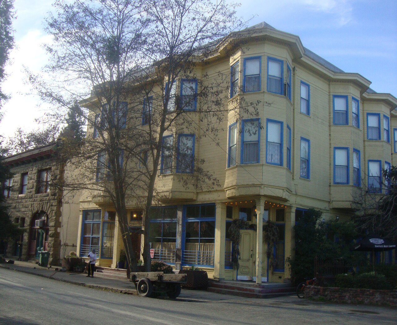 Historic Victorian-era buildings on the waterfront in Port Costa, California.