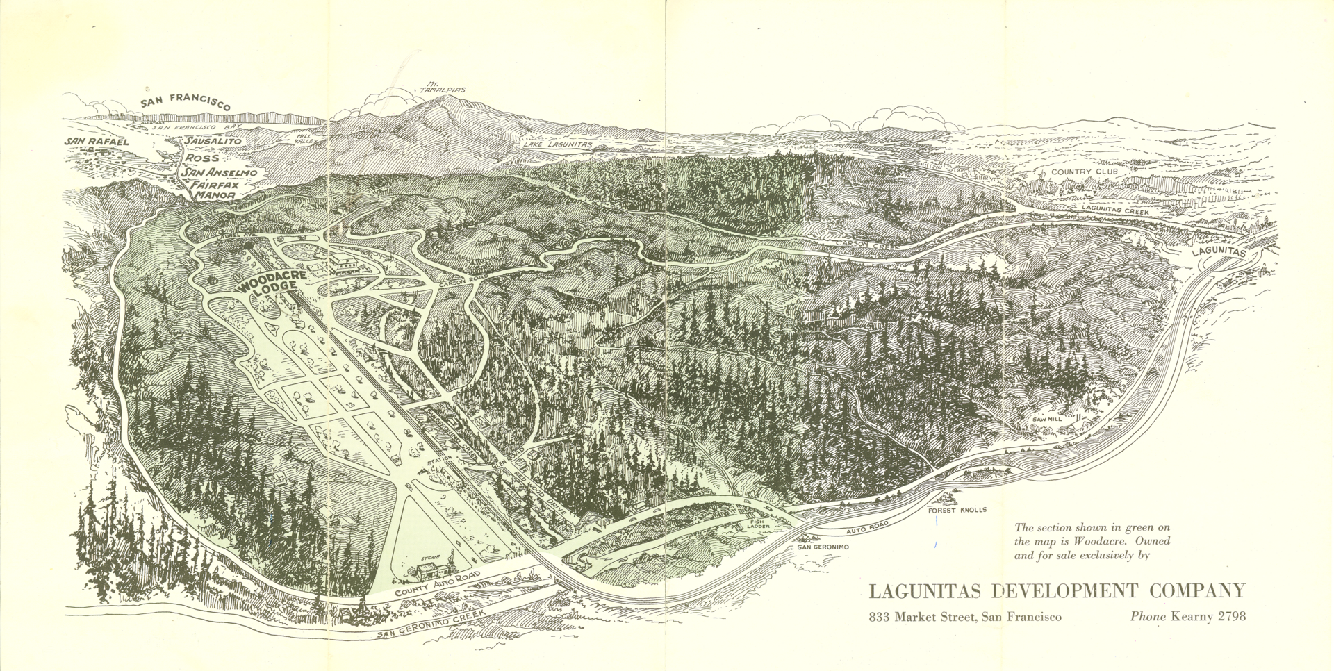 A vintage promotional map of the Lagunitas Development Company's Rancho San Geronimo lands.