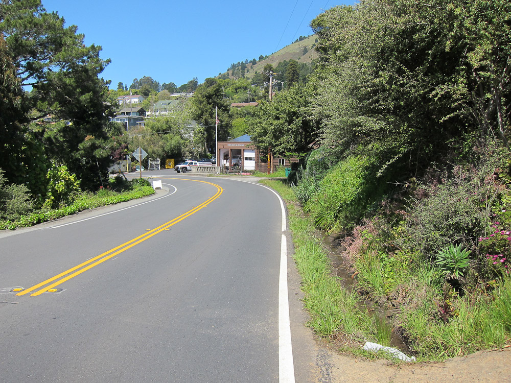 Highway 1 curving into Stinson Beach, lined with trees and hillside homes.