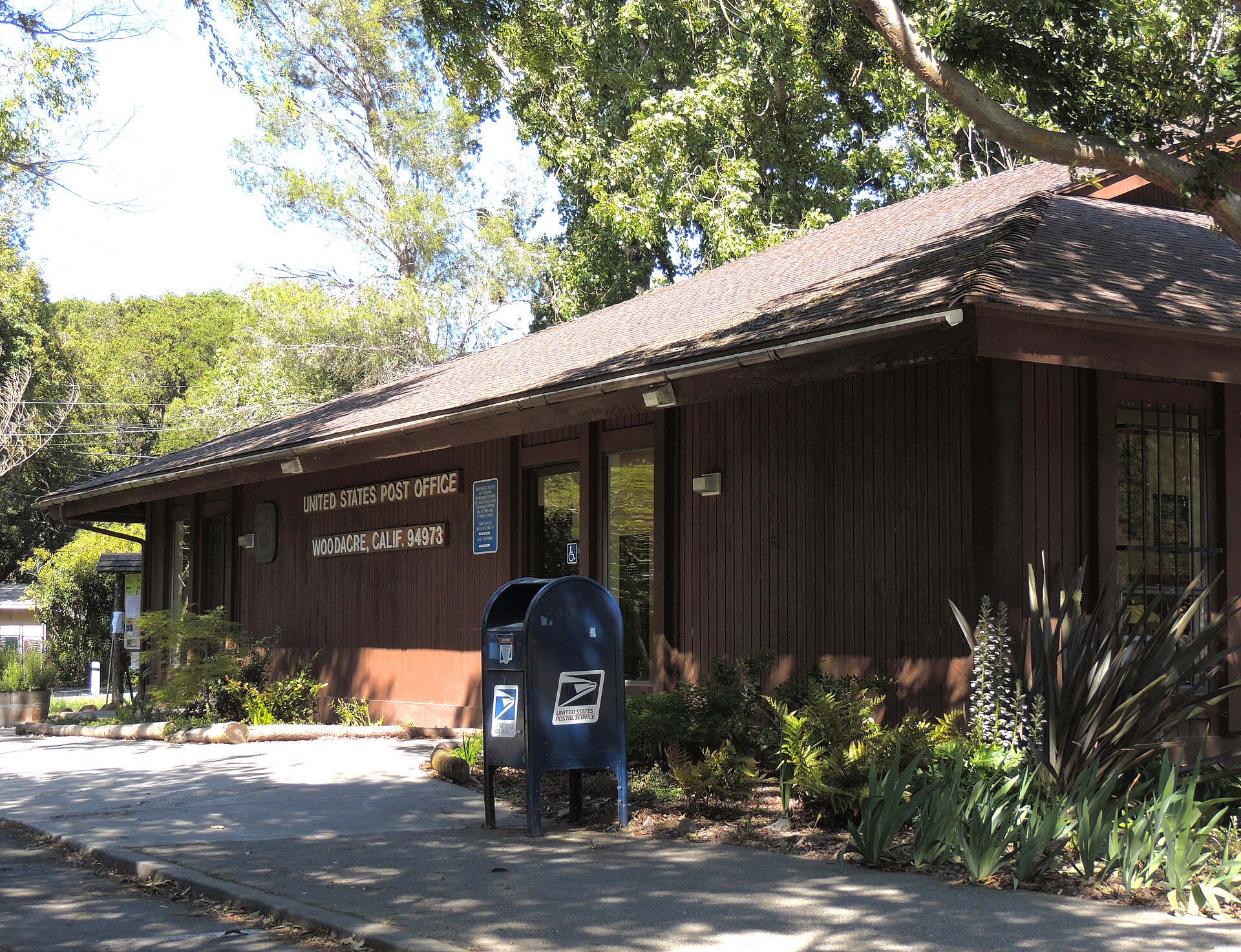 The Woodacre post office, a small building with a U.S. Post Office sign.
