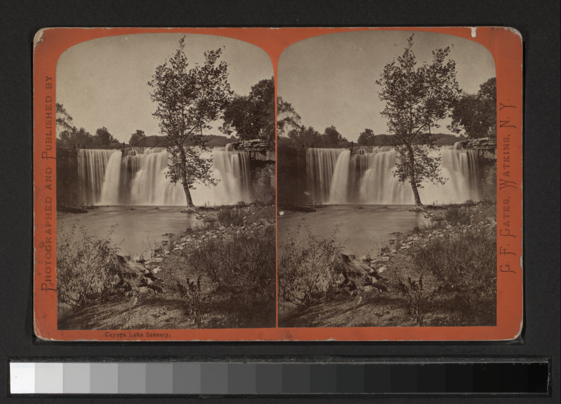 A historic hand-colored stereoscopic view of Ludlowville Falls on Salmon Creek in Lansing, New York.