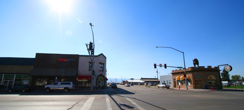 A street intersection in downtown Driggs Idaho.