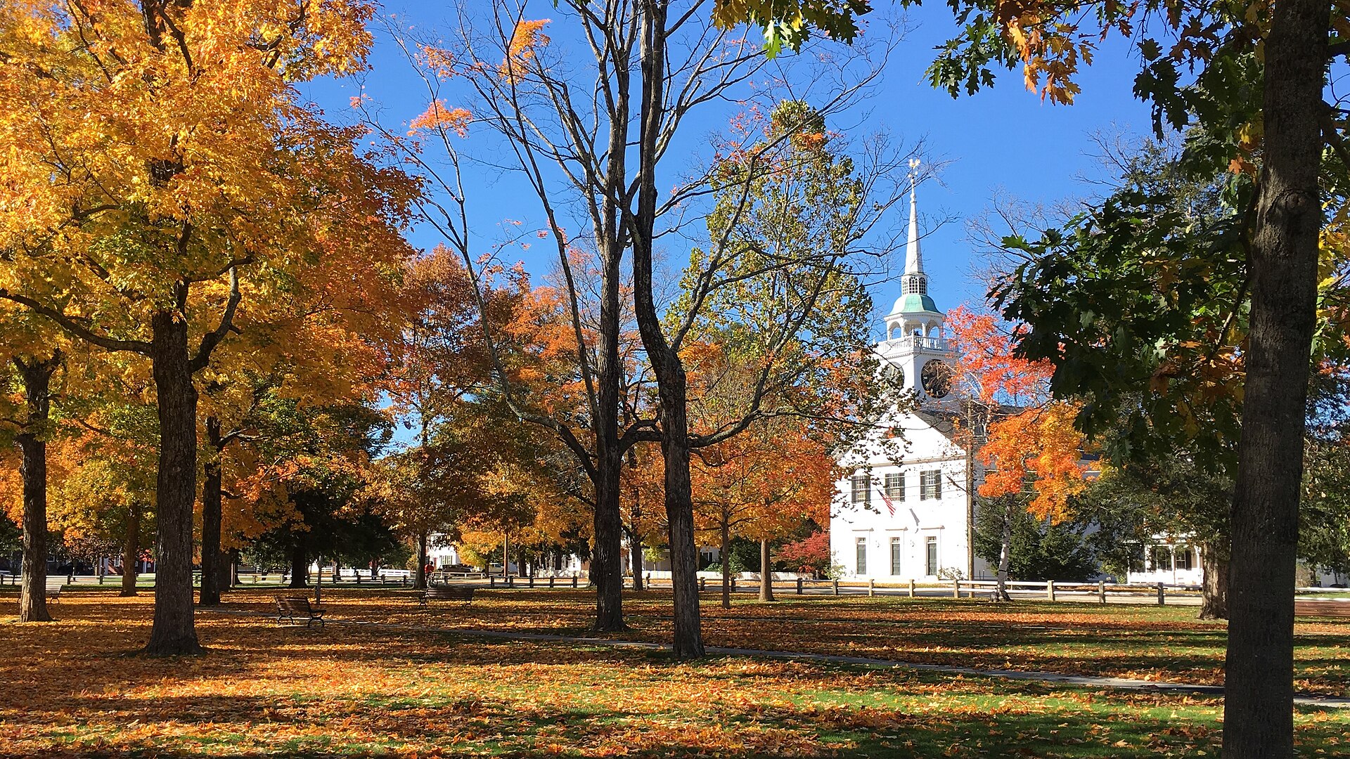 Amherst Village Green in fall color with the white Congregational church