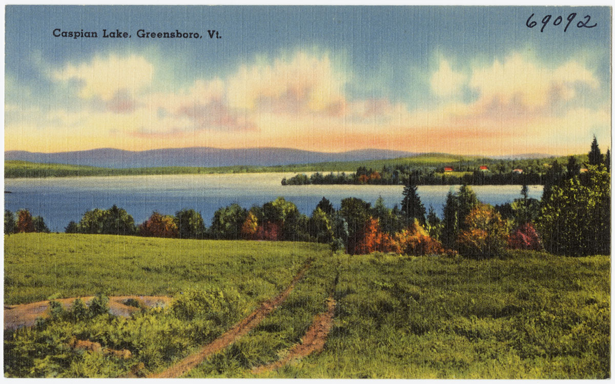 A vintage hand-colored postcard view of Caspian Lake in Greensboro, Vermont