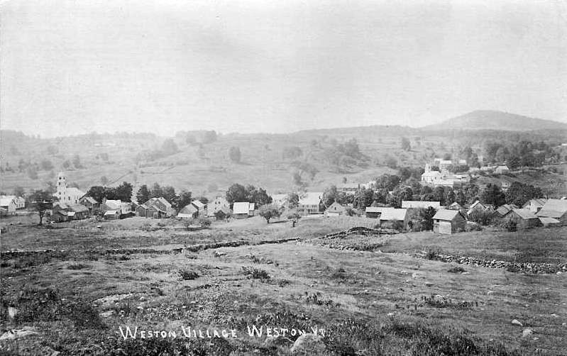 A historic view of Weston Village, Vermont, with its church and green.
