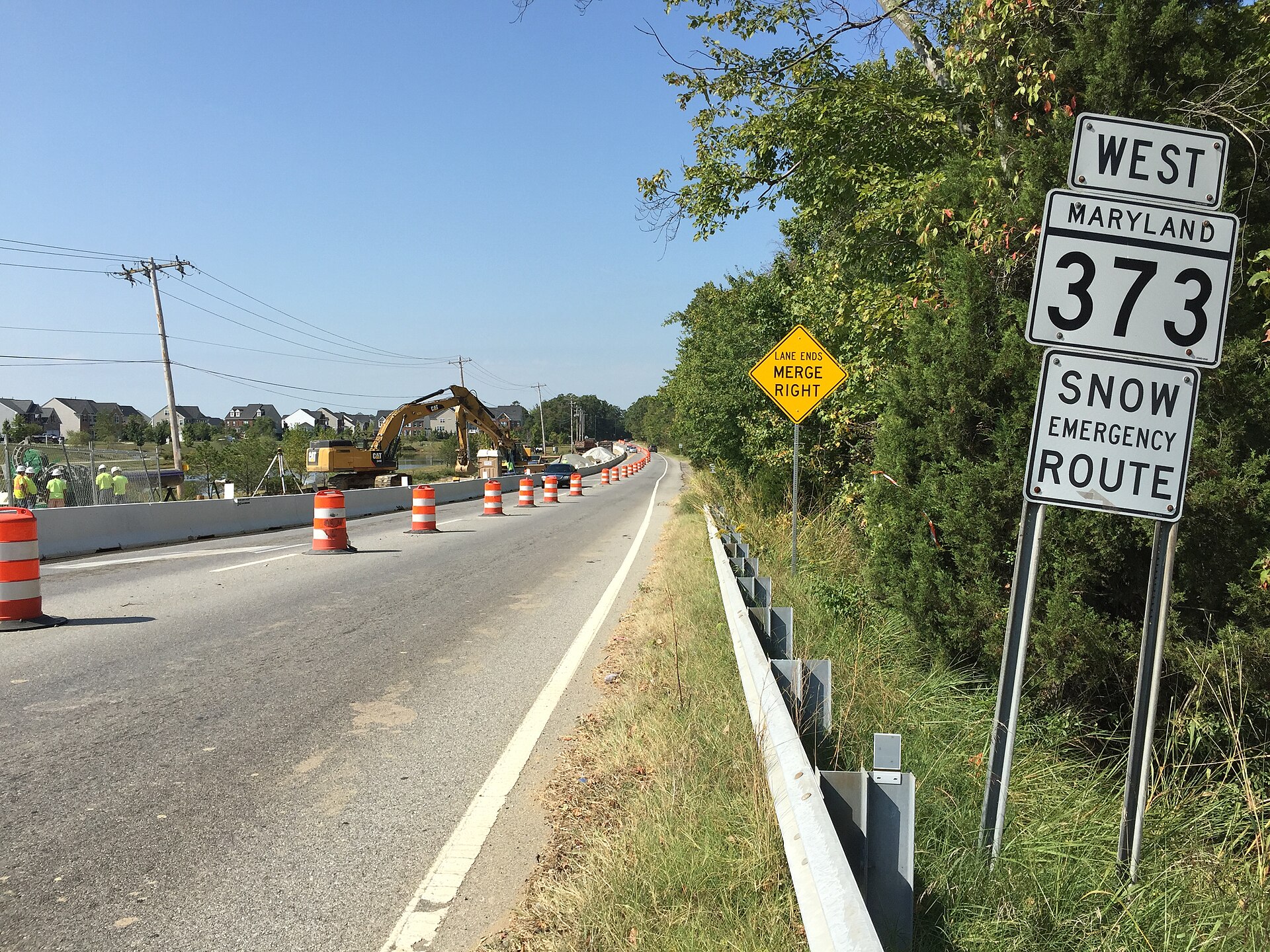 Maryland Route 373 west in Brandywine, with road work ahead