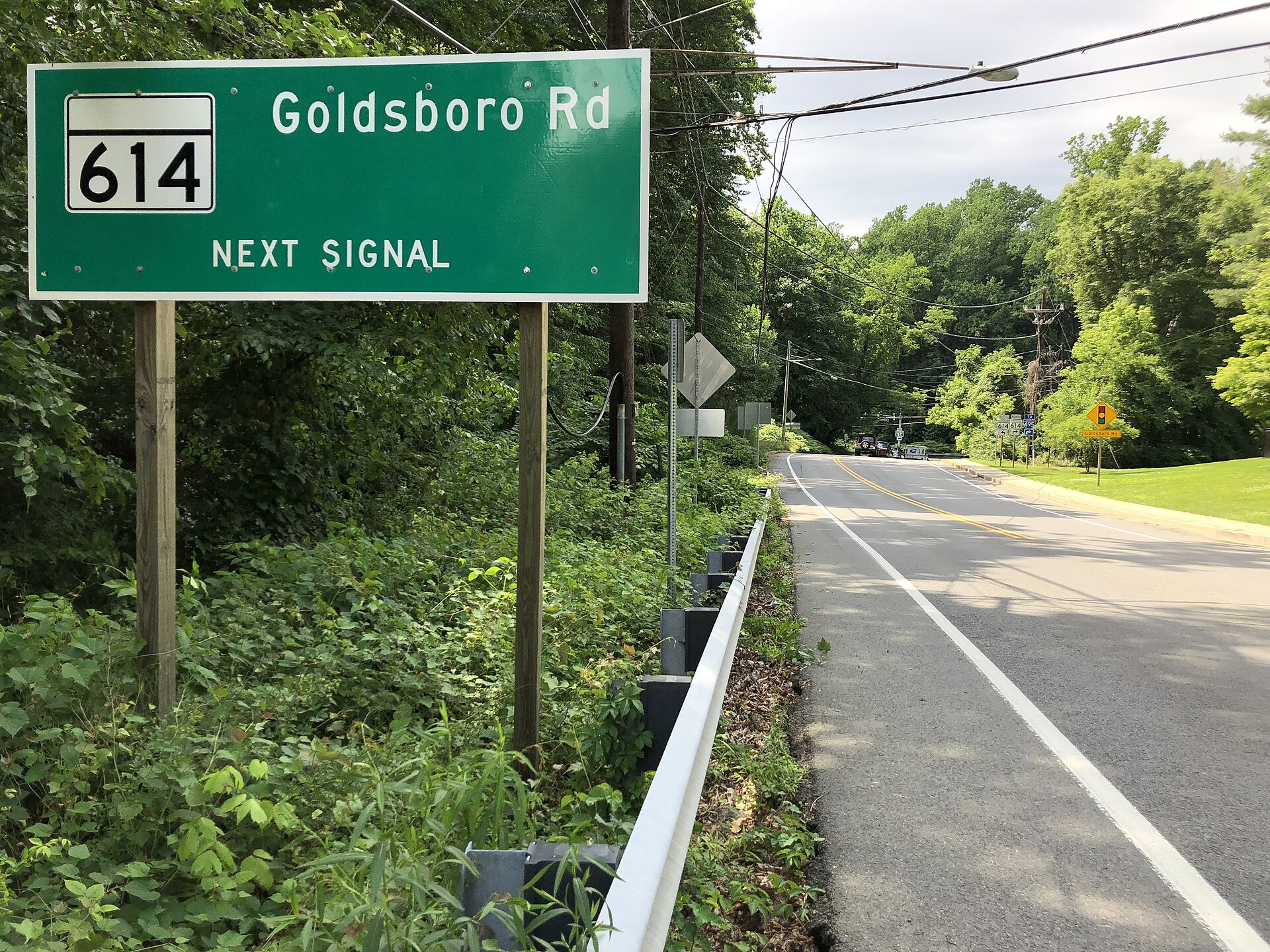 A road sign for Goldsboro Road (MD 614) in Brookmont.