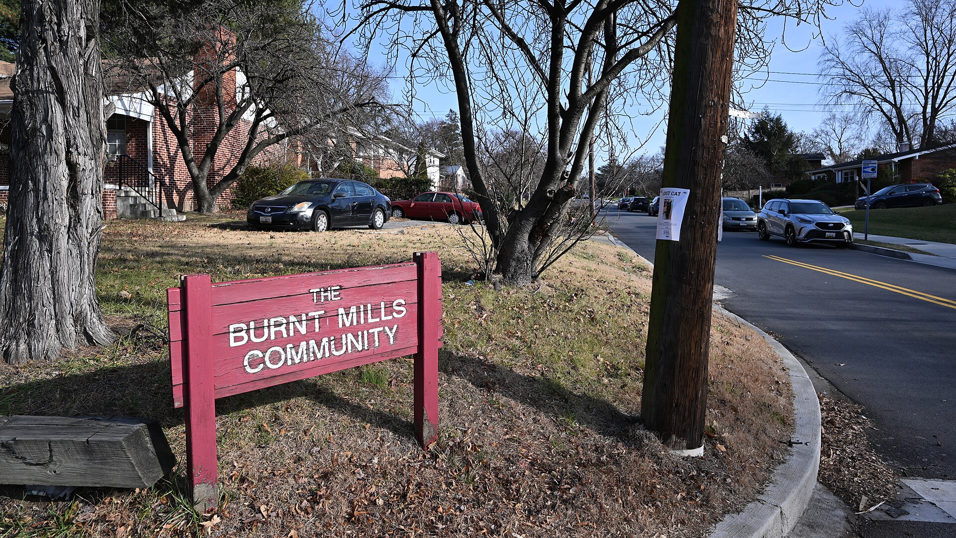 A sign marking an entrance to the Burnt Mills community in Silver Spring, Maryland.