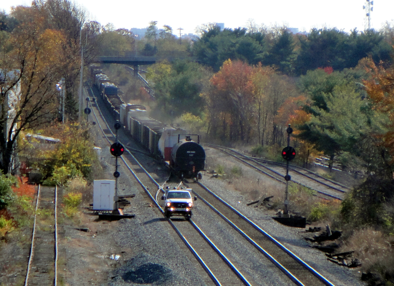 Railroad tracks with signals and a freight train amid autumn trees.
