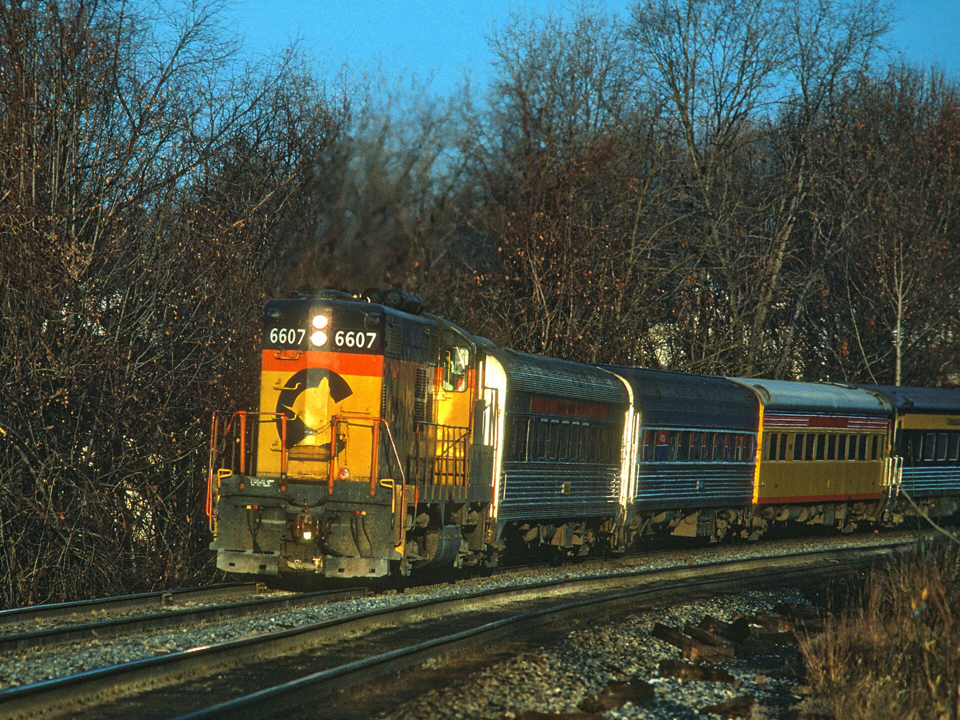 A Baltimore & Ohio freight locomotive in Forest Glen, Maryland, December 1980
