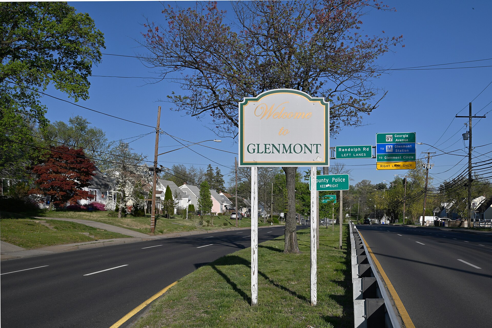 A Welcome to Glenmont sign on Randolph Road in Glenmont, Maryland