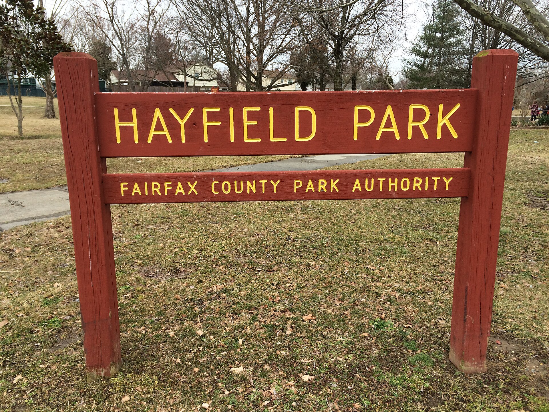 The Hayfield Park sign in Fairfax County, Virginia
