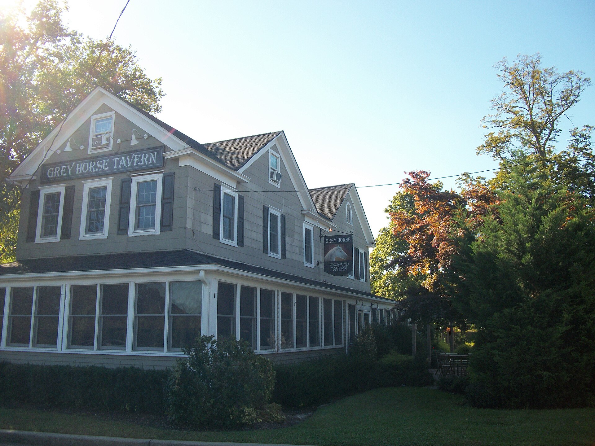 The Grey Horse Tavern building on the corner of Bayport Avenue and Railroad Street, Bayport, New York.