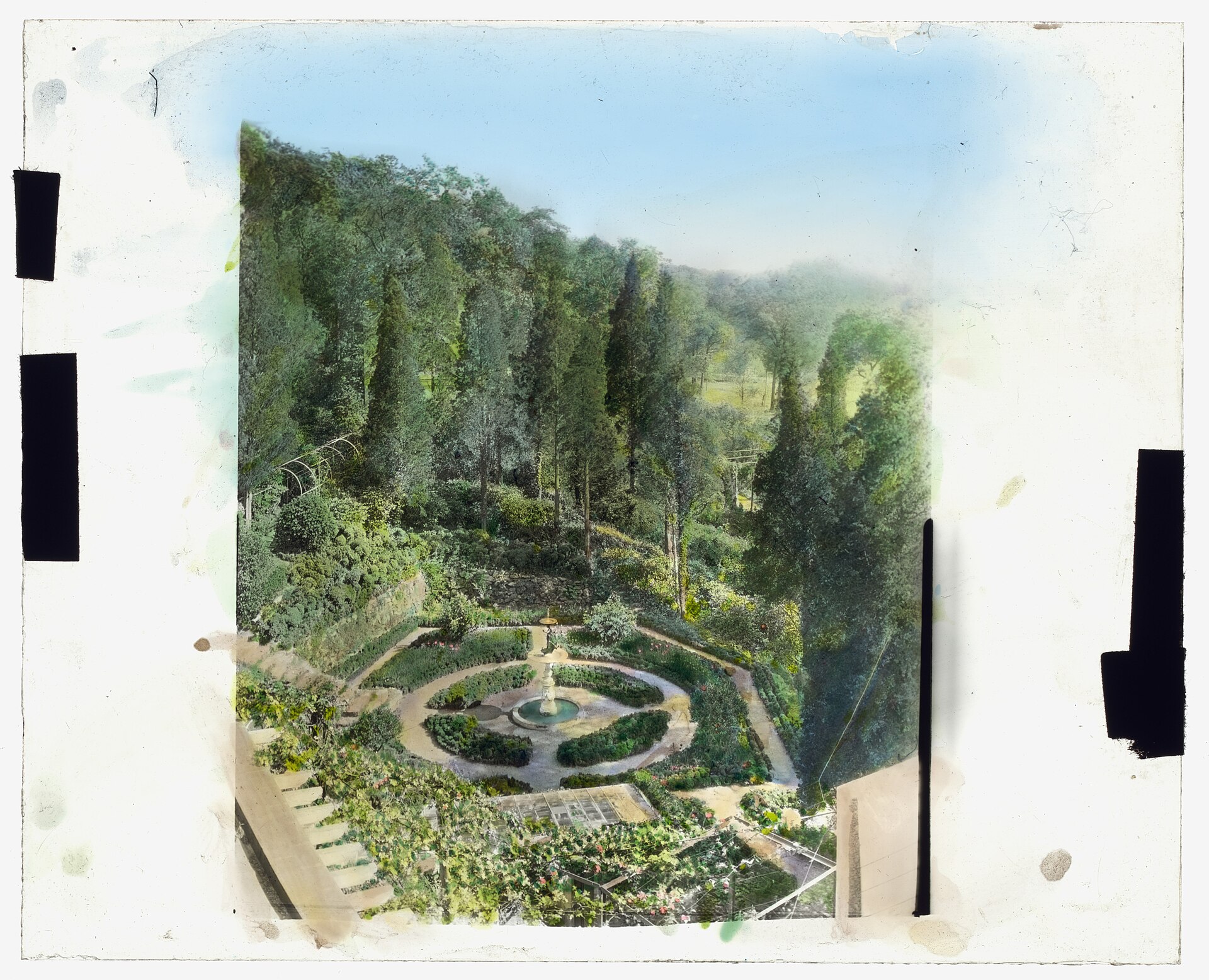 Historic photograph of Laurelton Hall, Louis Comfort Tiffany's estate in Cold Spring Harbor, showing its gardens.