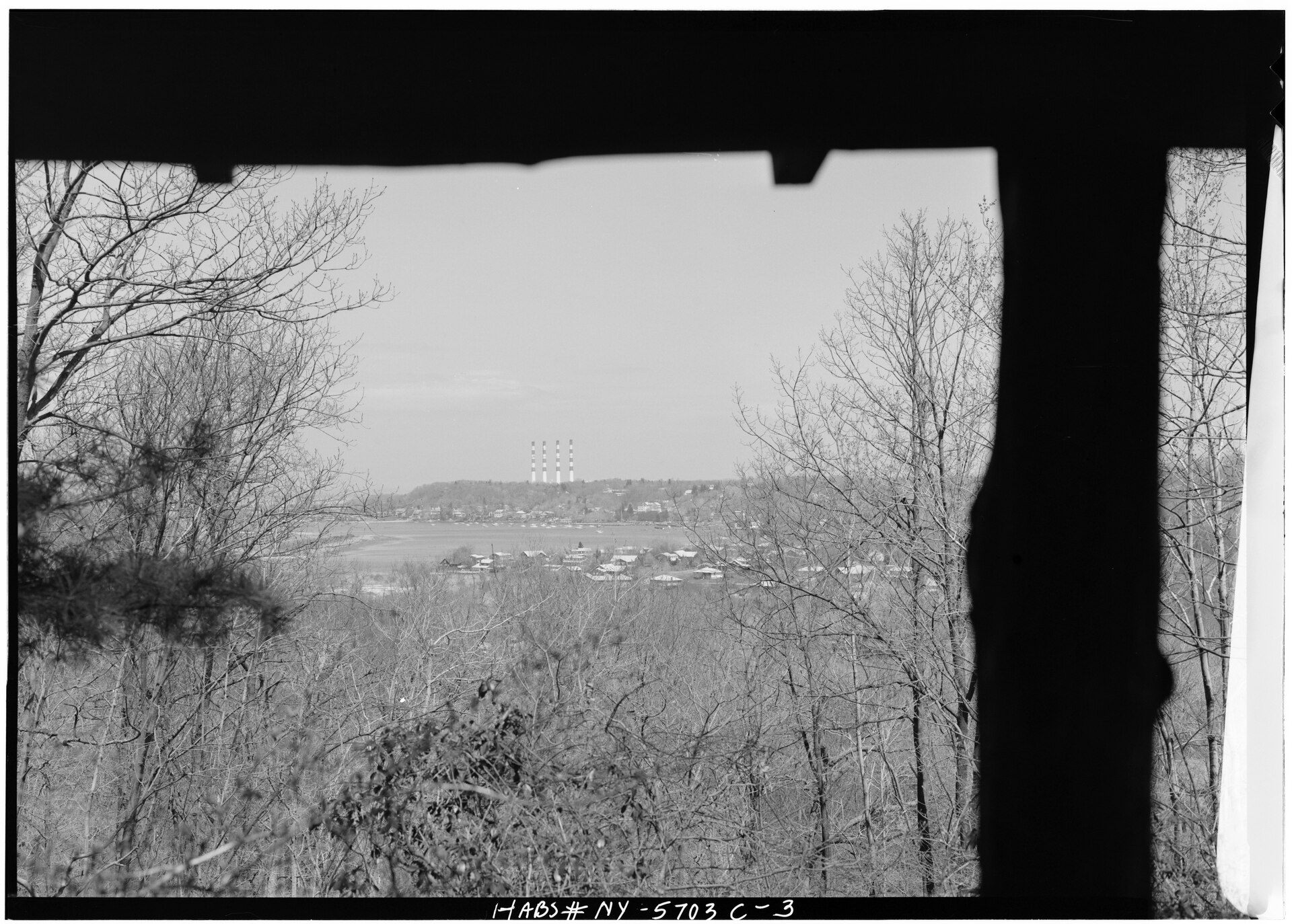 View toward Long Island Sound from the Laurel Lodge log cabin porch in Greenlawn, New York