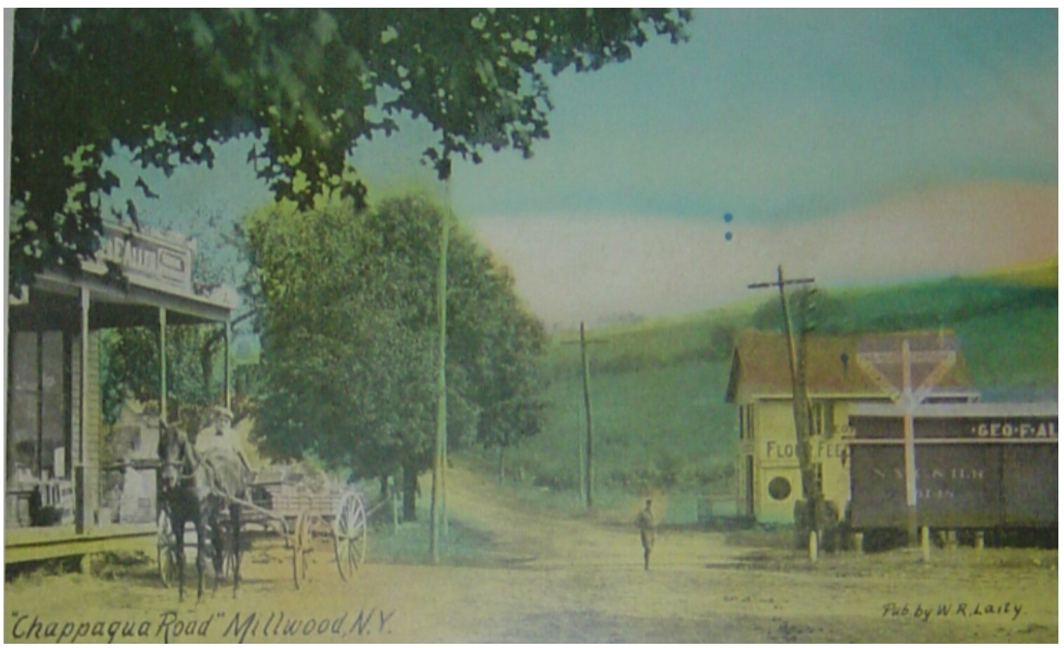 A hand-tinted vintage postcard showing Chappaqua Road in Millwood, New York.