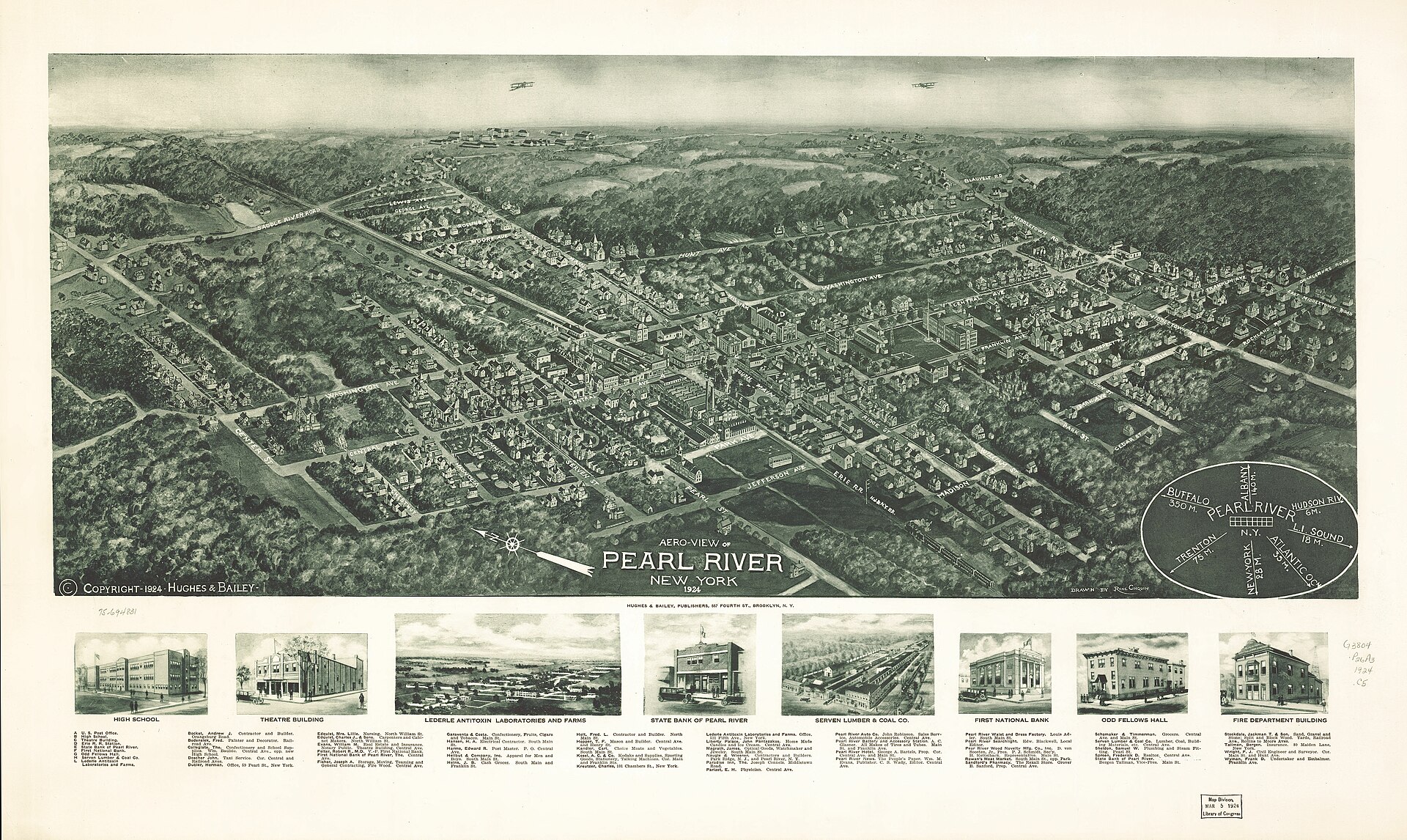 1924 panoramic aero-view map of Pearl River, New York