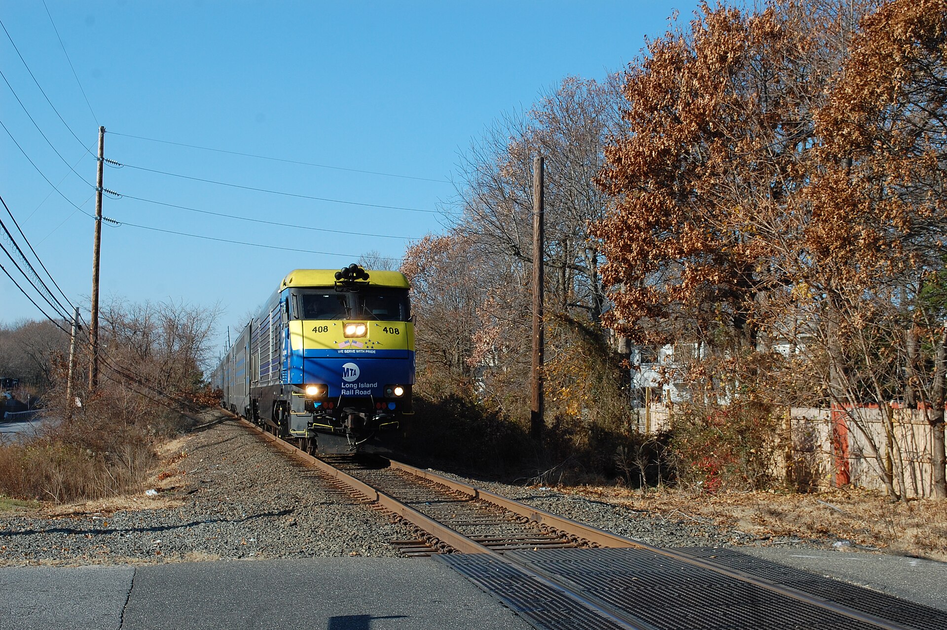 A Long Island Rail Road train passing through West Babylon New York.