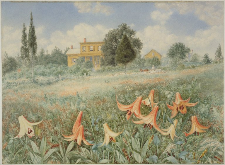 A 19th-century watercolor of a farmhouse in West Nyack, New York