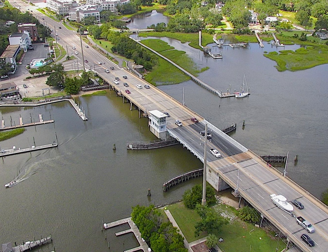 An aerial view of the C. Heide Trask drawbridge leading to Wrightsville Beach.