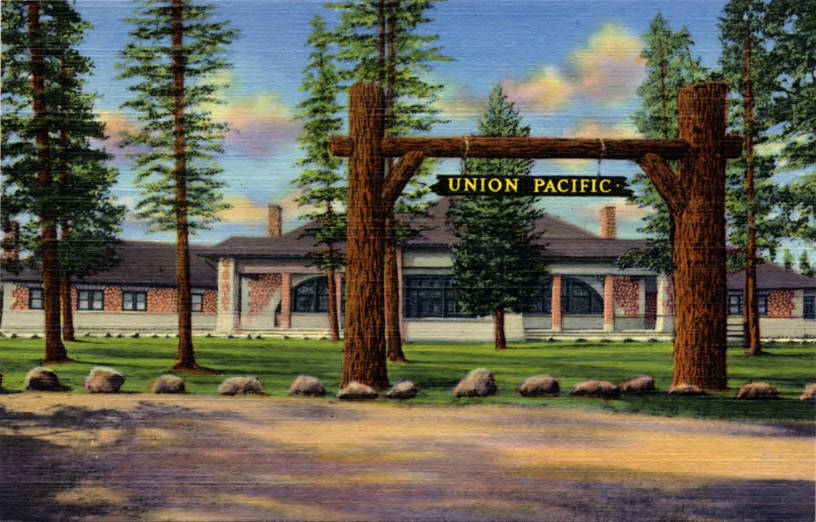 Historic postcard of Union Pacific depot in West Yellowstone
