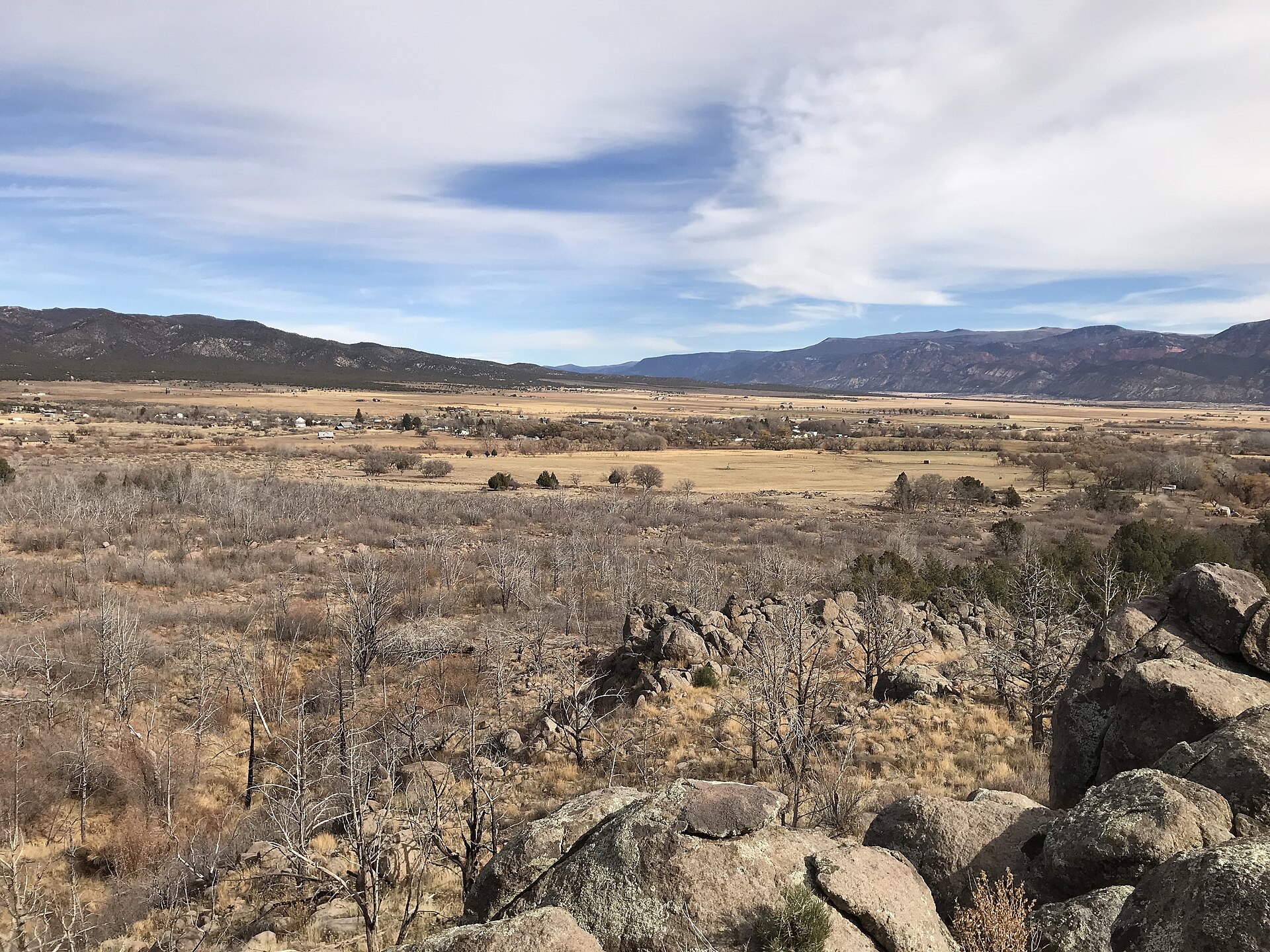 A view of the town of New Harmony Utah with surrounding landscape.