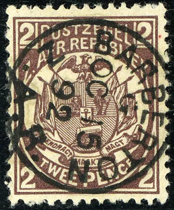 2 pence, ZAR issue 1885, circle at Barberton  in 1892. Yv76 SG177