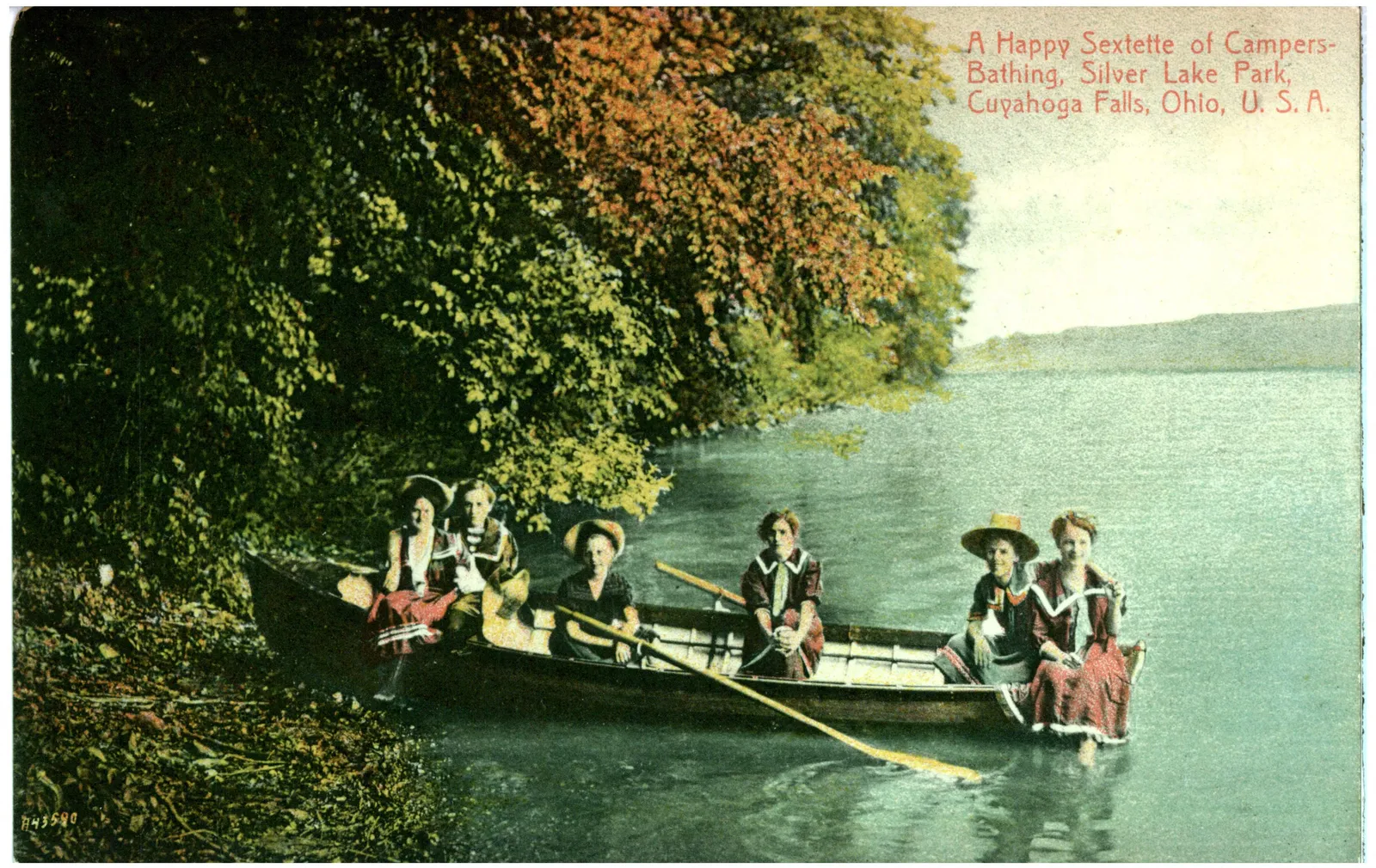 View of 6 swimmers in a rowboat at Silver Lake Park, Cuyahoga Falls, Ohio (