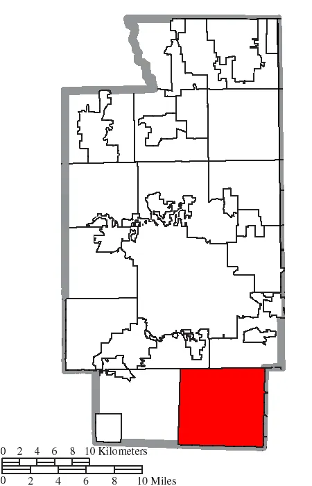 Map of the municipal and township boundaries of Summit County, Ohio, United States, as of the 2000 census, with the location of the city of Green highlighted.  Township borders are shown only in unincorporated areas in order to differentiate incorporated and unincorporated areas more clearly.