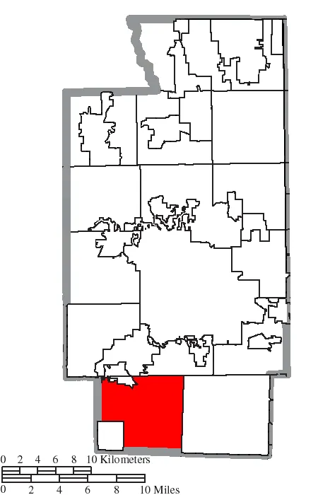 Map of the municipal and township boundaries of Summit County, Ohio, United States, as of the 2000 census, with the location of the city of New Franklin highlighted. Township borders are shown only in unincorporated areas in order to differentiate incorporated and unincorporated areas more clearly.